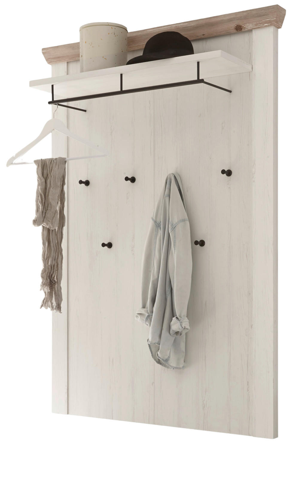 GARDEROBENPANEEL Pinie weiß, Oslo Pinie Landhaus, Wandgarderobe, 107 x 153 cm - Schwarz/Weiß, Holzwerkstoff/Metall (107/153/27cm) - Furn.Design