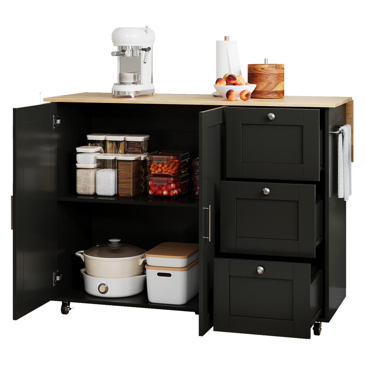 KÜCHENINSEL 135/44/90 cm schwarz/natur aus MDF klappbar - Schwarz, Holzwerkstoff (135/90/44cm) - OKWISH