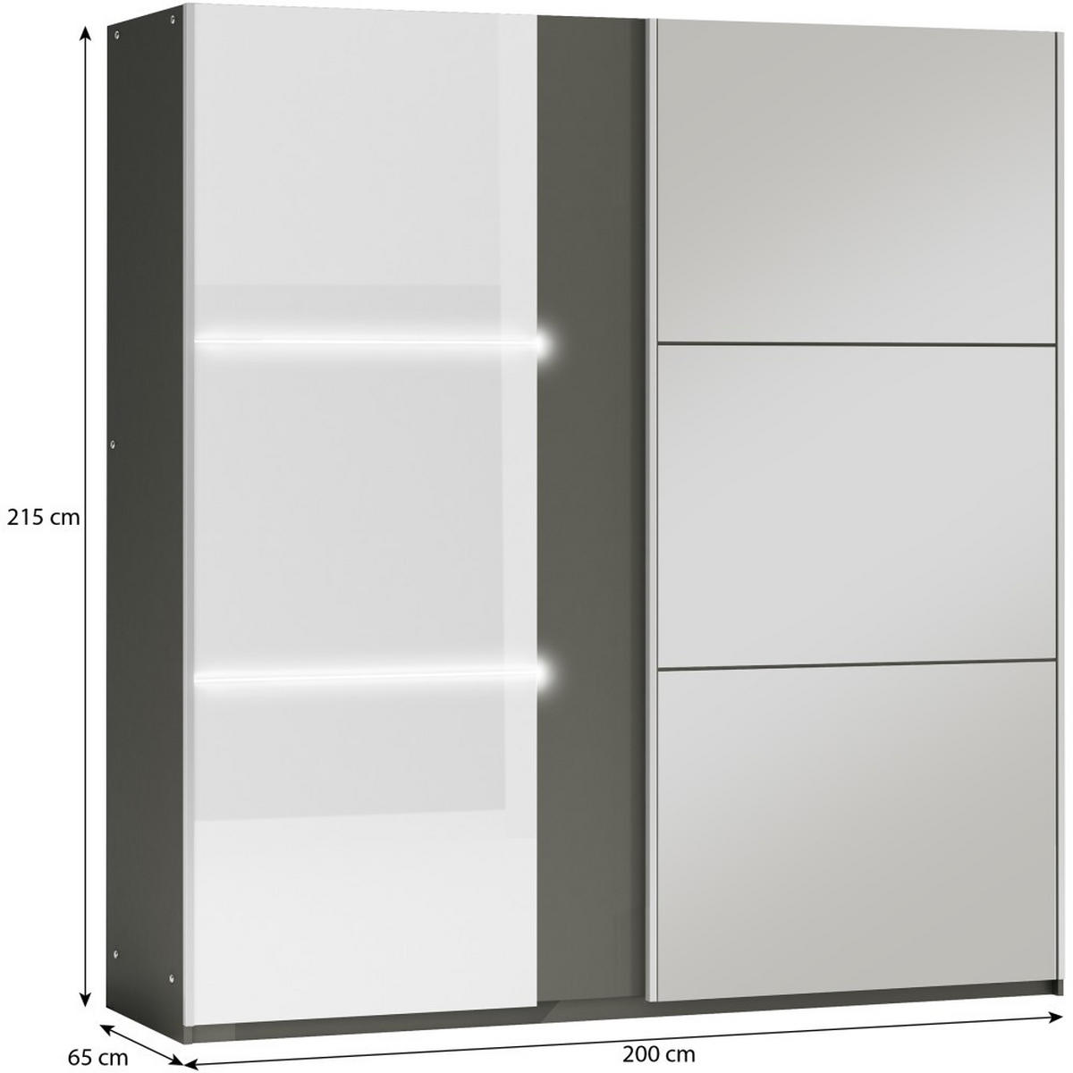 SCHWEBETÜRENSCHRANK Tessa mit 2 Türen und Spiegel, 200 cm, Graphit+Weiß - Graphitfarben/Weiß, Holzwerkstoff (200/215/65cm) - Beautysofa