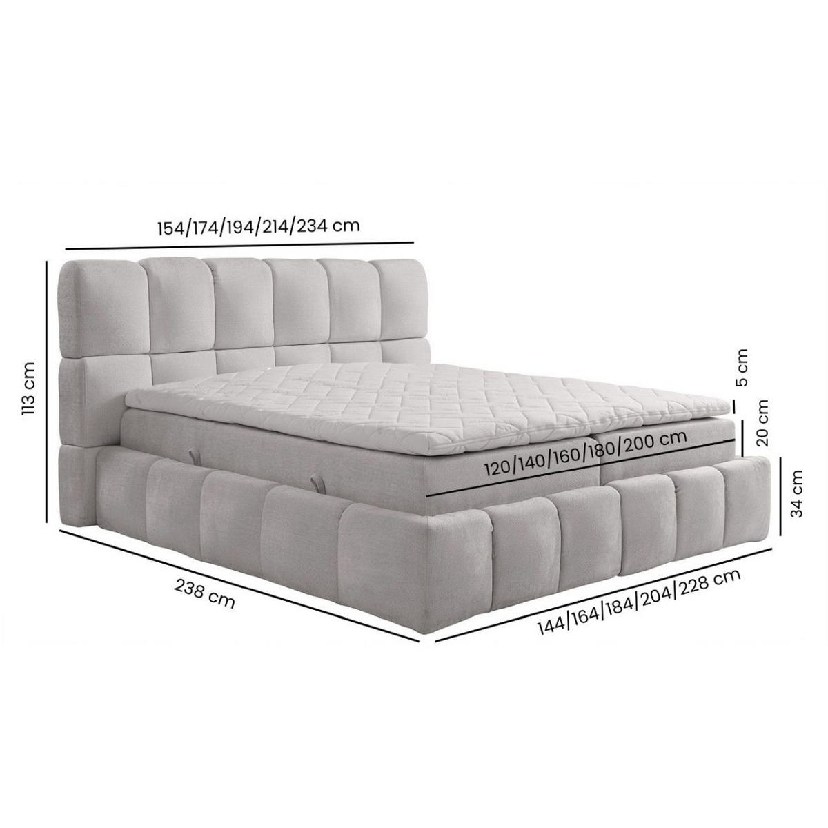 BOXSPRINGBETT AURA mit Topper und Bettkasten, Steingrau, H3 Bonell, 200x200 cm - Schieferfarben, Textil (200/200cm) - KS Home Concept