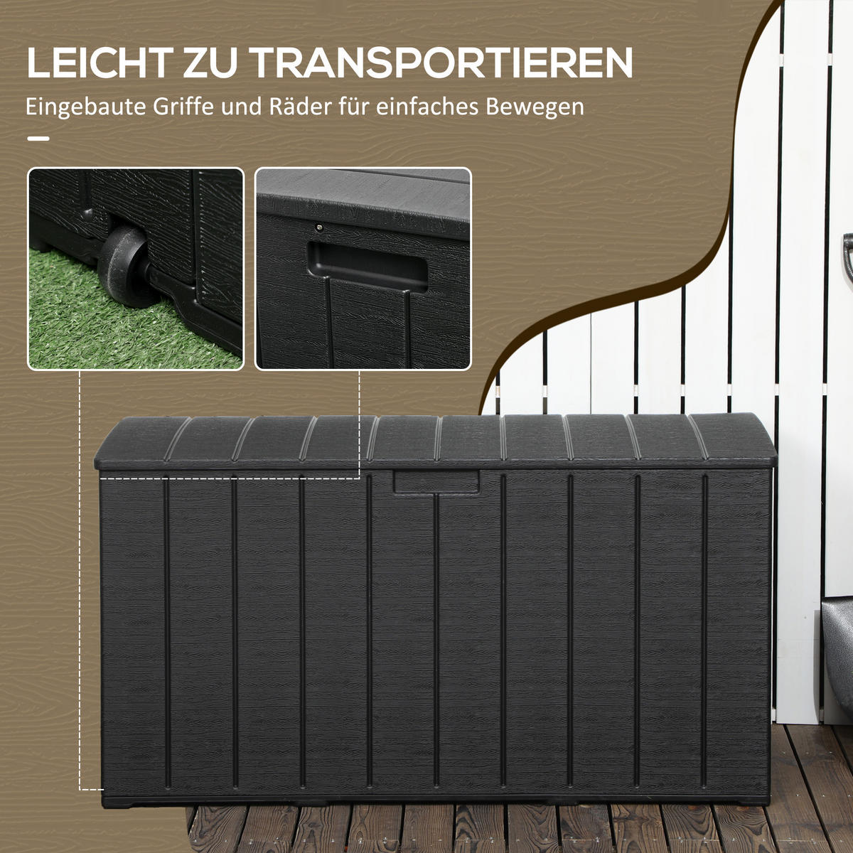 GARTENBOX 366 Liter aus Kunststoff doppelwandiger Wasserdicht Kissenbox - Schwarz, Kunststoff (62/64.5/122.4cm) - Outsunny