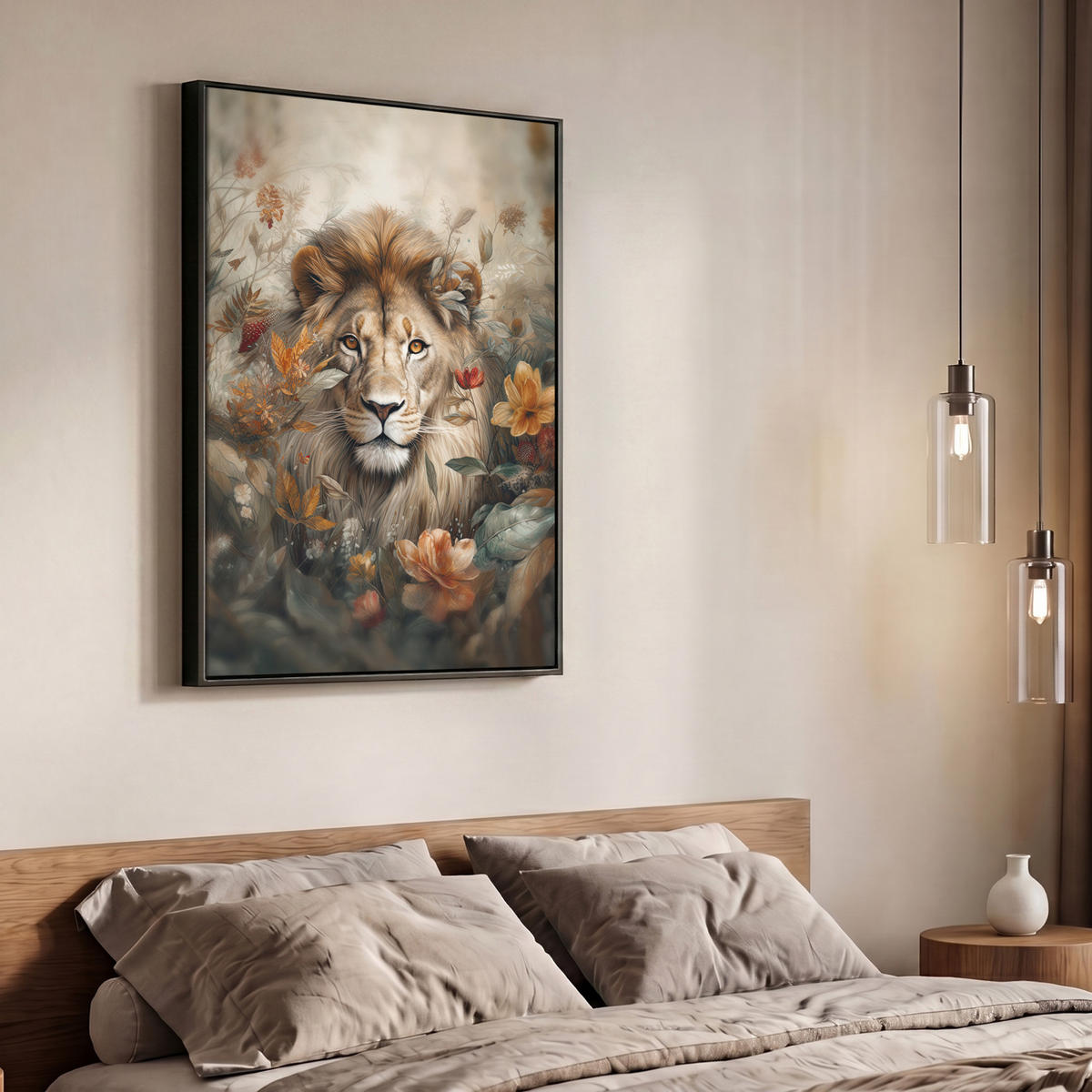 LEINWAND Bilder mit Rahmen - Löwe - Wildtiere - Pflanzen - Natur - Blumen - 70x100 - Beige, Textil (70/100cm) - MuchoWow