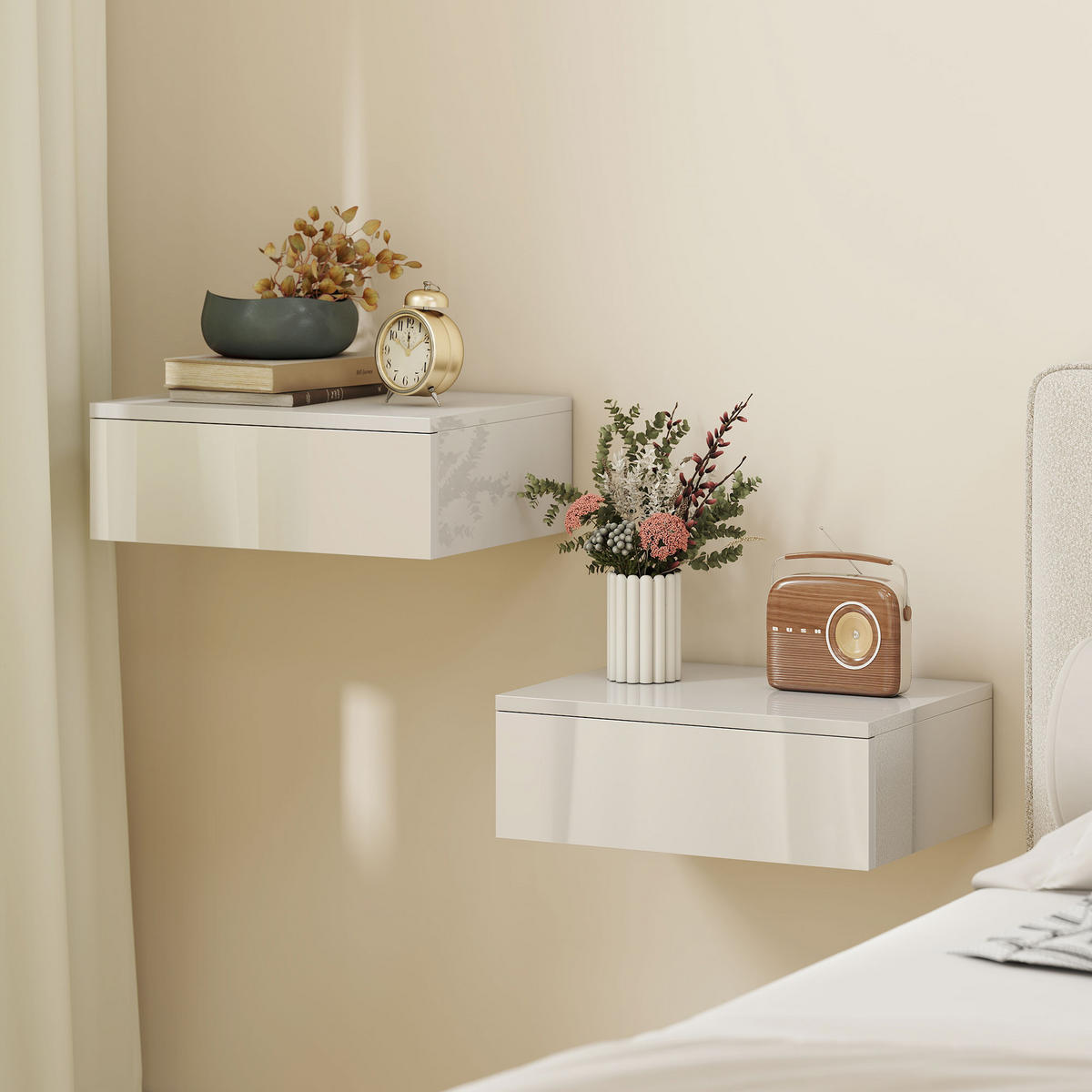 NACHTTISCH hängend 2er Set, schwebender Nachtschrank mit Schublade Nachtkästchen - Weiß, Holzwerkstoff (30/14/40cm) - HOMCOM