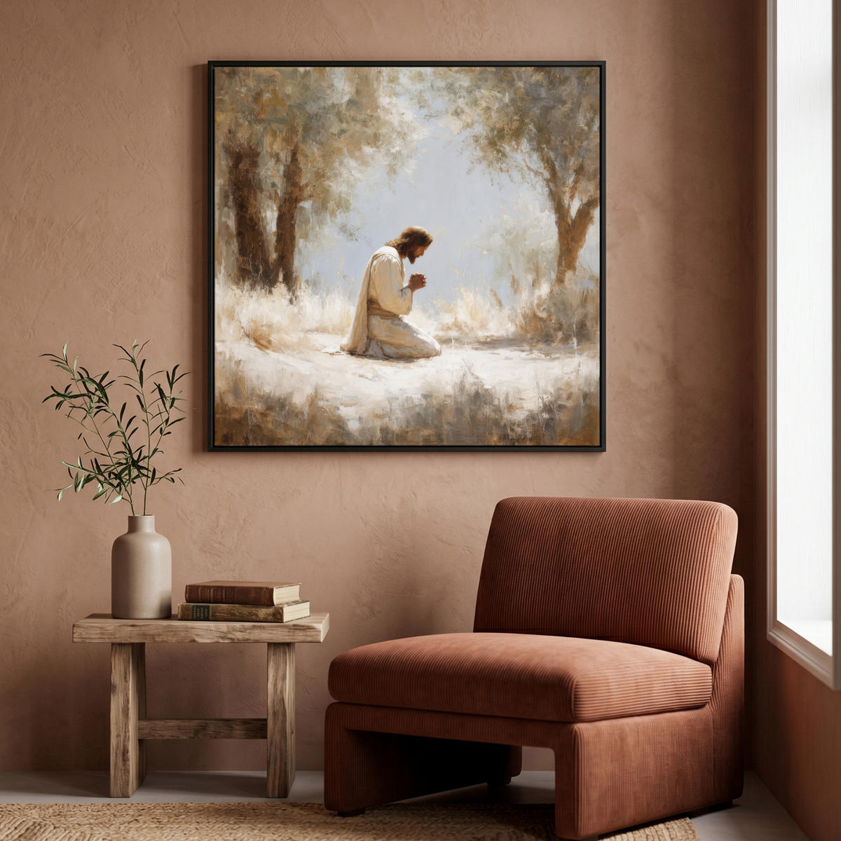 LEINWAND Bilder mit Rahmen - Jesus - Kniend - Waldlandschaft - Betend - 90x90 - Beige, Textil (90/90cm) - MuchoWow