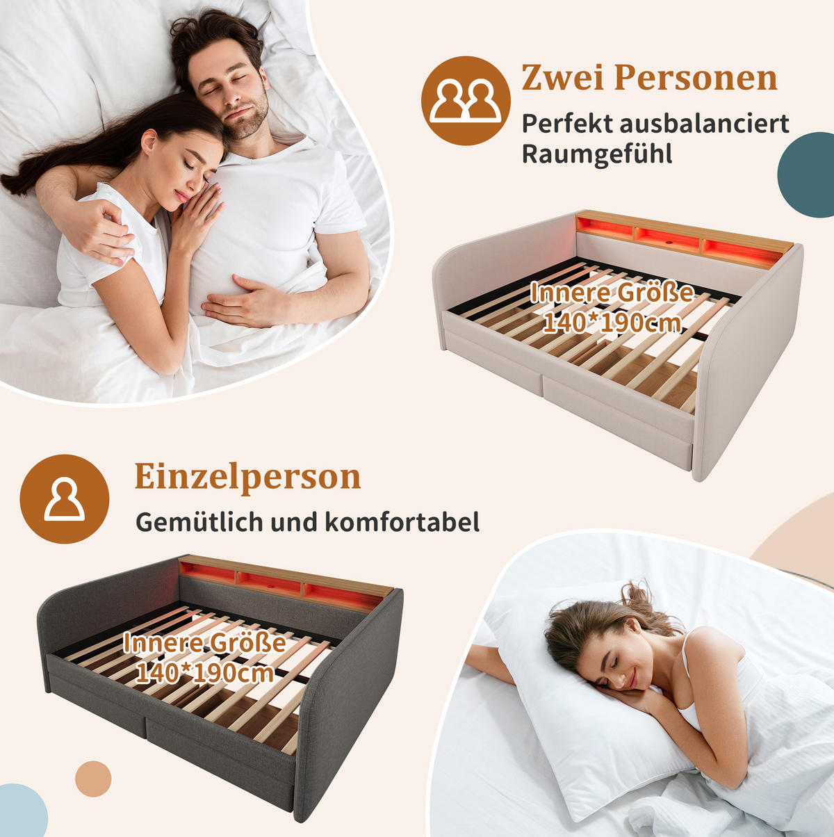 POLSTERBETT 140/190 cm in Hellbeige mit LED-Beleuchtung und Stauraum - Beige, Textil (140/190cm) - Flora Grace