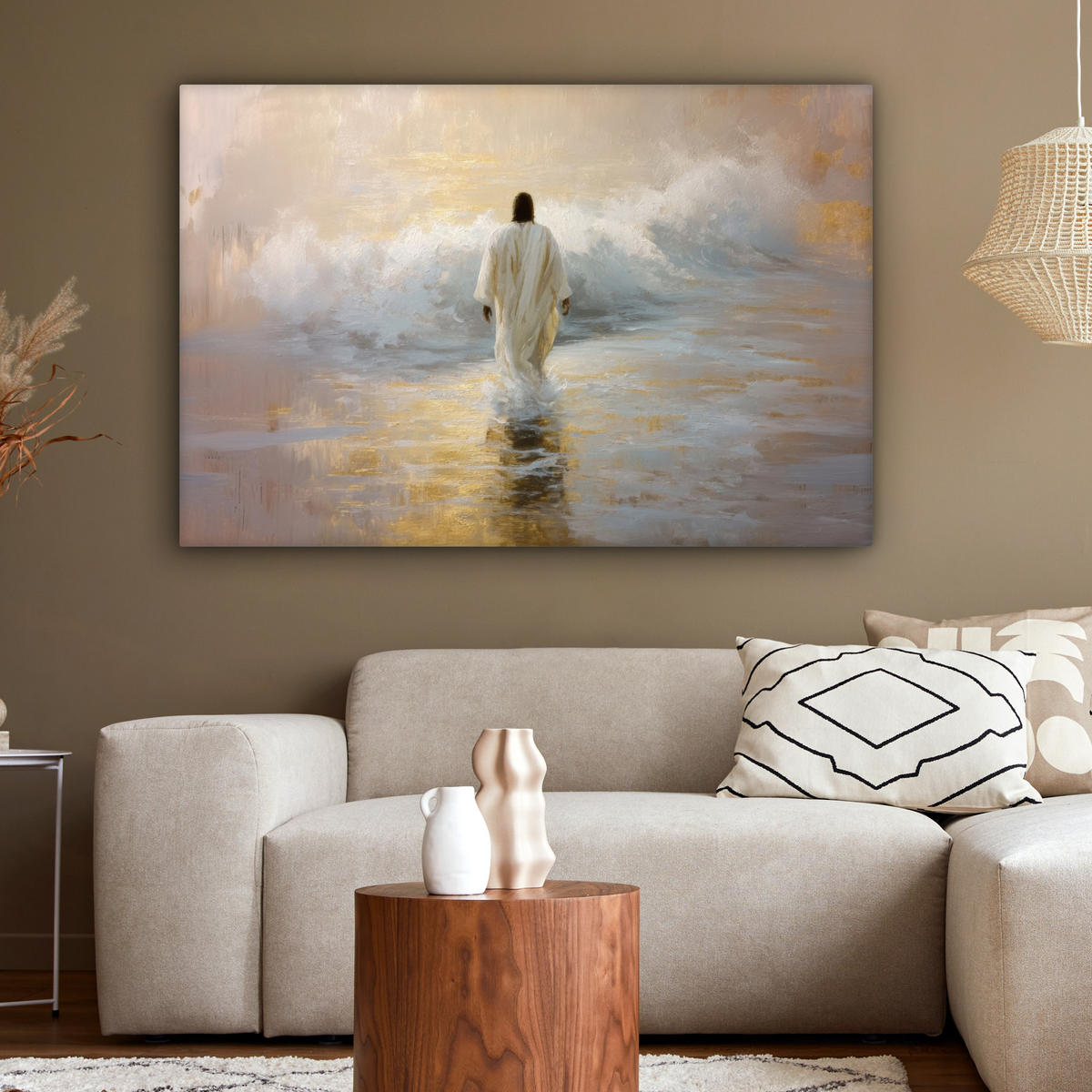 LEINWANDBILD Gemälde - Welle - Jesus - Abstrakt XXL 150x100 cm - Goldfarben, Textil (150/100cm) - MuchoWow