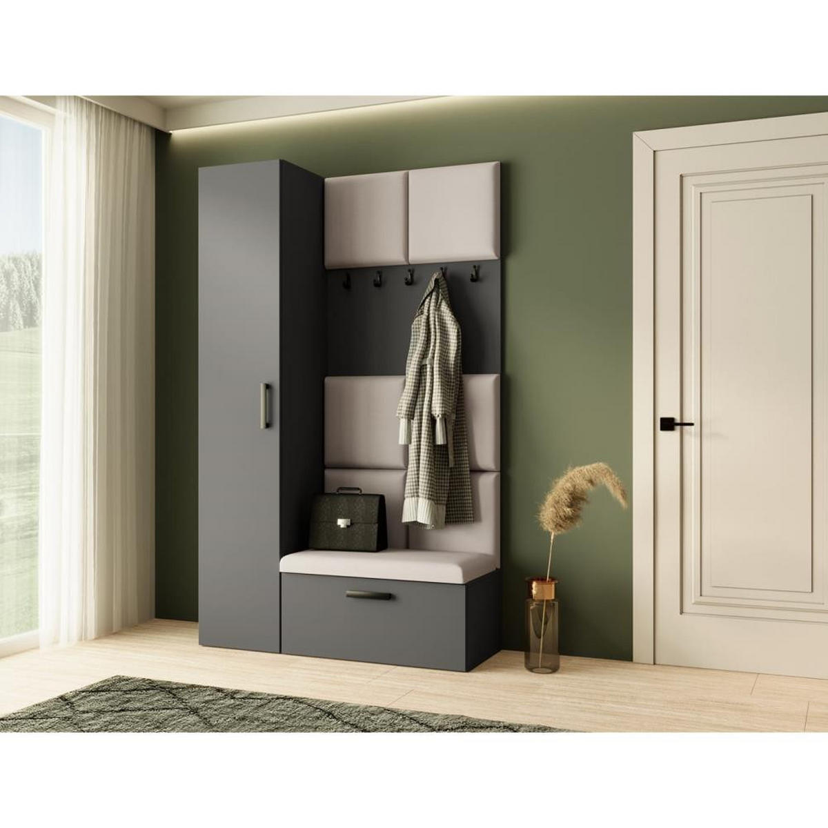 GARDEROBE Margaret I+IV 121/203/43 mit gepolsterten Paneelen - Beige/Schwarz, Holzwerkstoff/Kunststoff (121/203/43cm) - Beautysofa