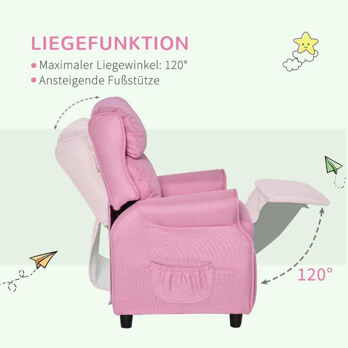 KINDERSOFA mit Fußstütze verstellbare Rückenlehne Rosa - Pink, Holz (53/70/58cm) - BursDany