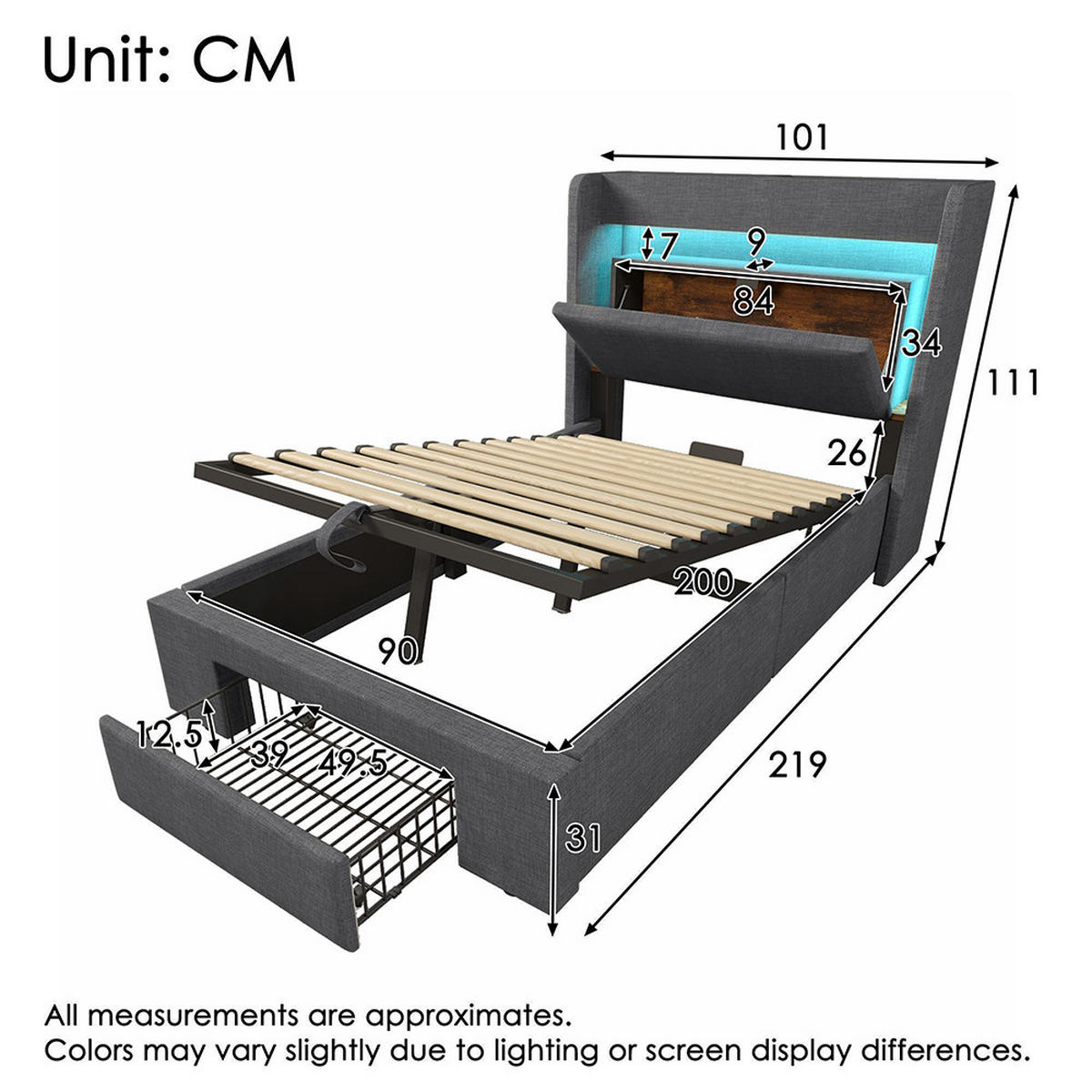 POLSTERBETT 90x200 cm Mit Matratze,Leinen in Grau - Grau, Textil (90/200cm)