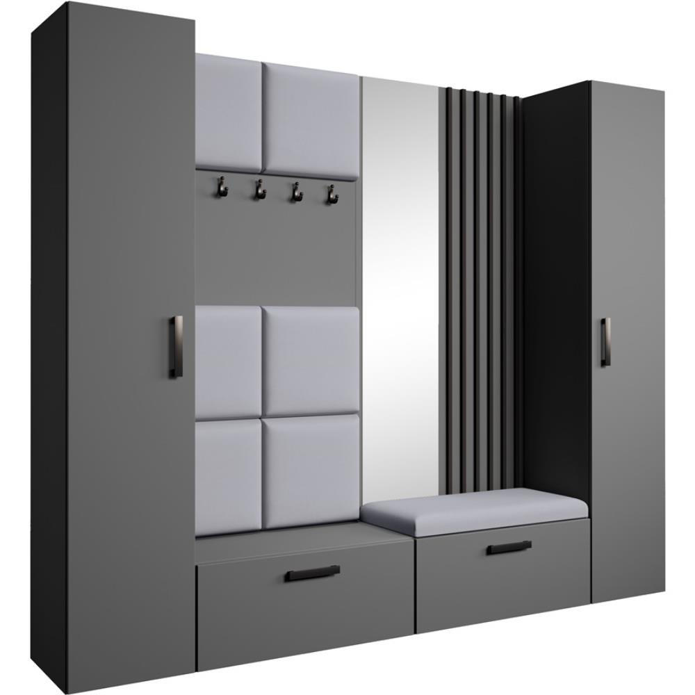 GARDEROBE Margaret XL 242/203/43 mit gepolsterten Paneelen/Lamellen/Spiegel - Schwarz/Graphitfarben, Holzwerkstoff/Kunststoff (242/203/43cm) - Beautysofa