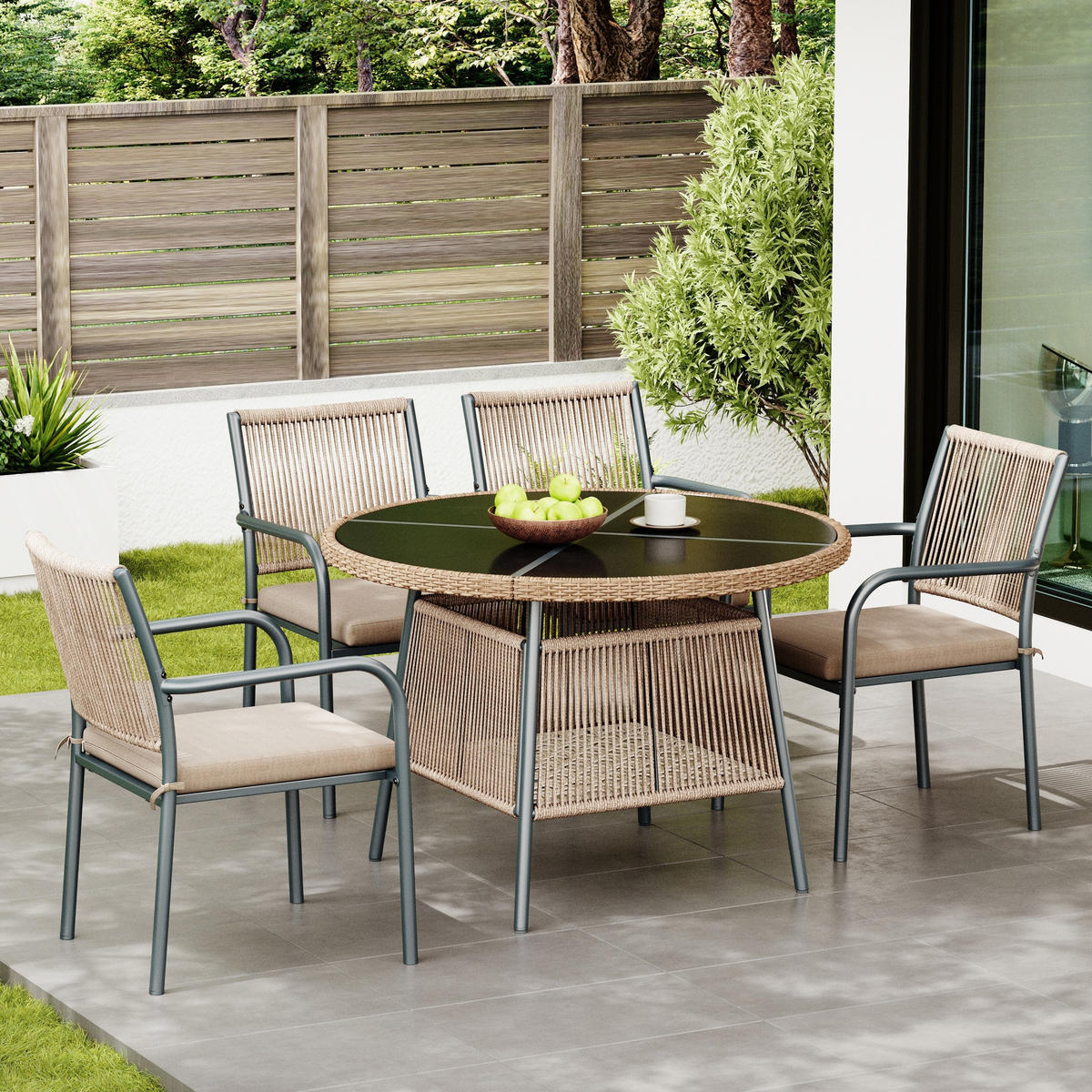 GARTENSET Rattan Tisch 4 Stühle Glas - Grau, Glas - LEBENLANG
