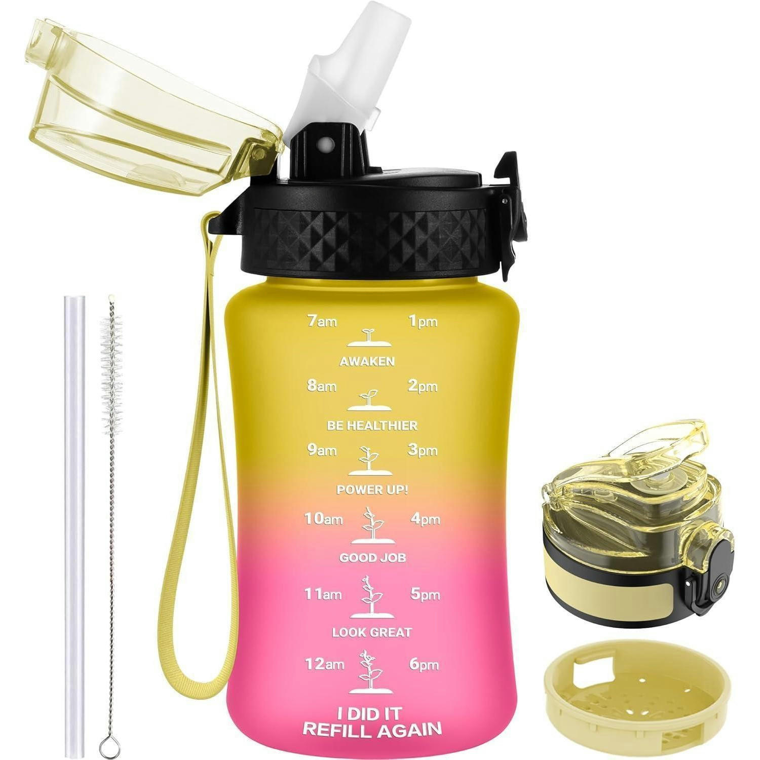 TRINKFLASCHE Kinder 350 ml mit Strohhalm und Zeitmarkierung BPA-frei Gelb Rosa - Multicolor, Kunststoff (8/8cm)