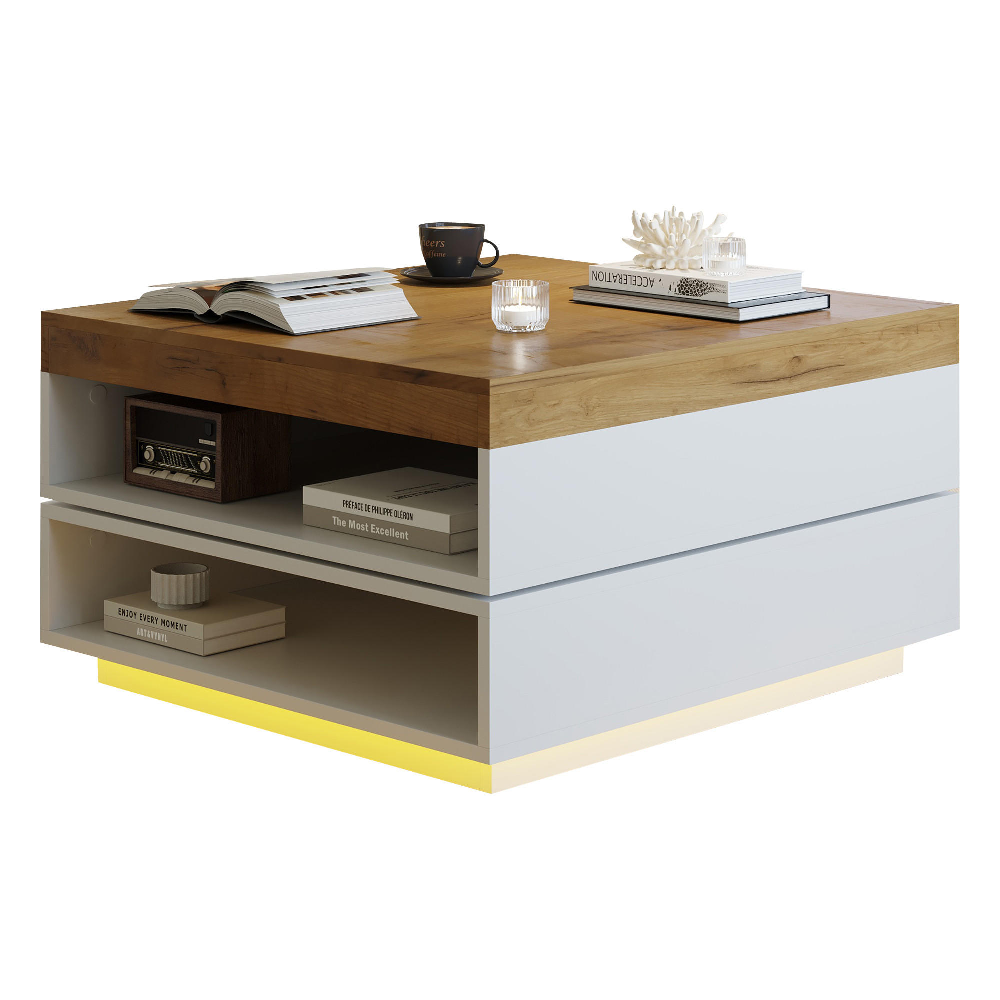 COUCHTISCH aus MDF 65x65x40 cm in Eichefarben mit LED-Beleuchtung - Eichefarben, Holzwerkstoff (65/65/40cm) - Modfu