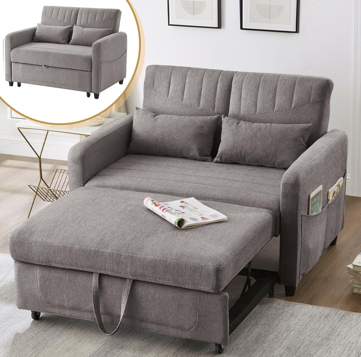SOFA Zweisitzer mit Schlaffunktion ausziehbar Grau Baumwoll-Leinen 210/90/45 cm - Grau, Kunststoff (114/82.5/77cm) - OKWISH