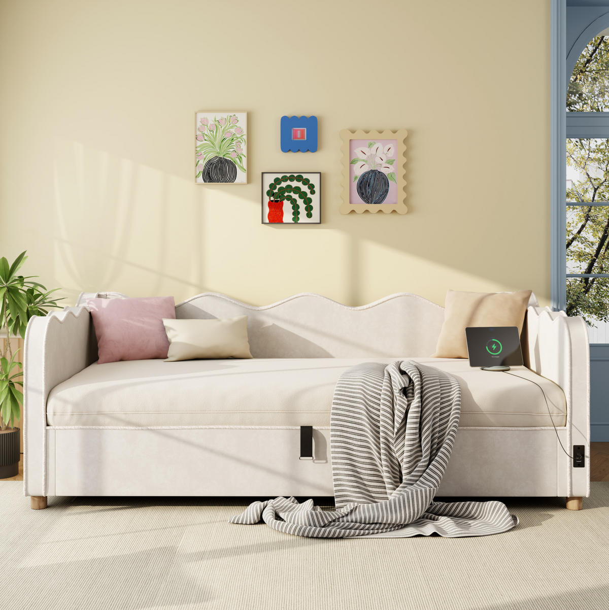 KINDERBETT 90/200 cm mit hydraulischem Stauraum, USB- und Type-C-Anschluss, Samtbezug, Beige - Beige, Textil (90/200cm) - Redom