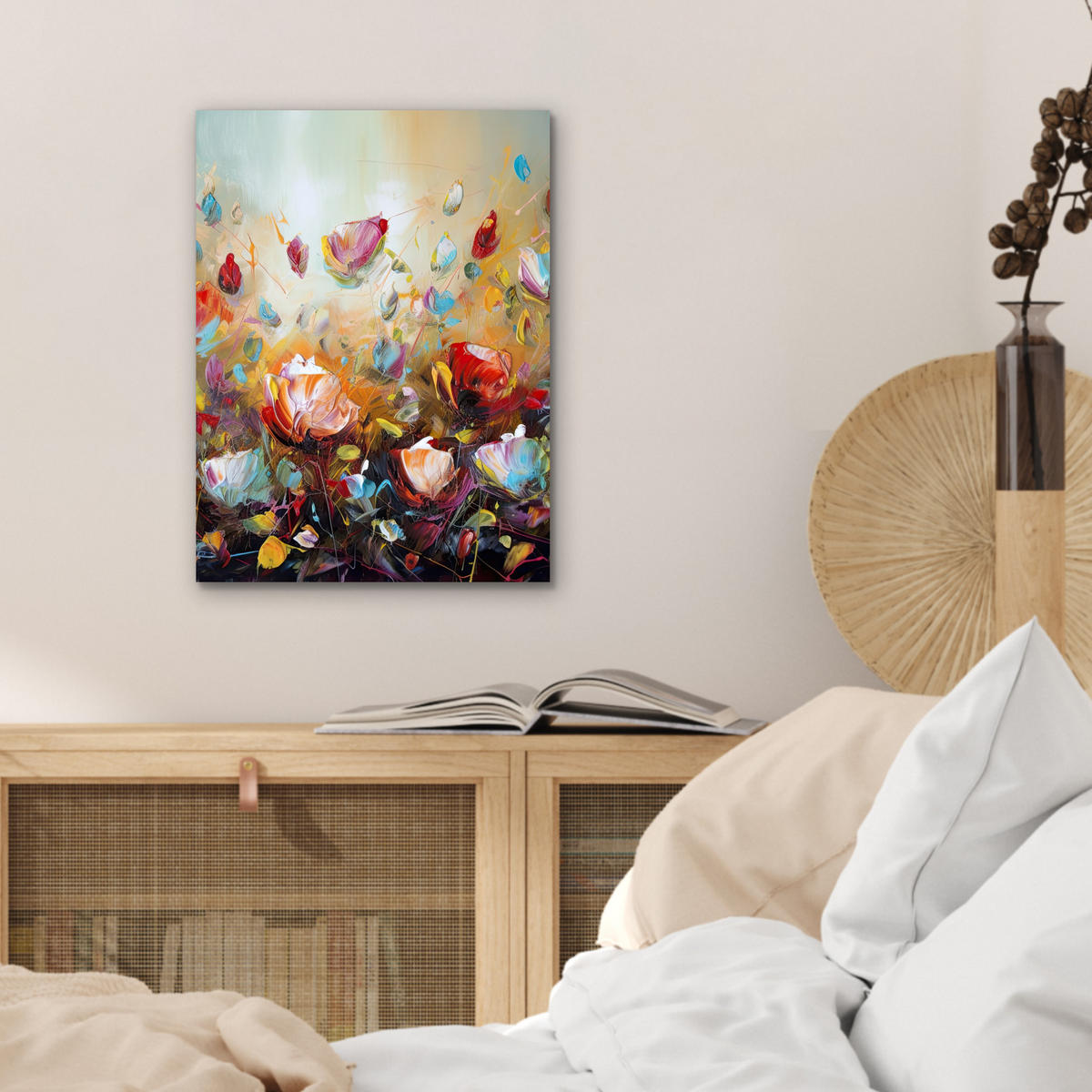 KOVOVÝ OBRAZ Kvety - Umenie - Príroda - Olejomaľba 30x40 cm - viacfarebná, kov (30/40cm) - MuchoWow