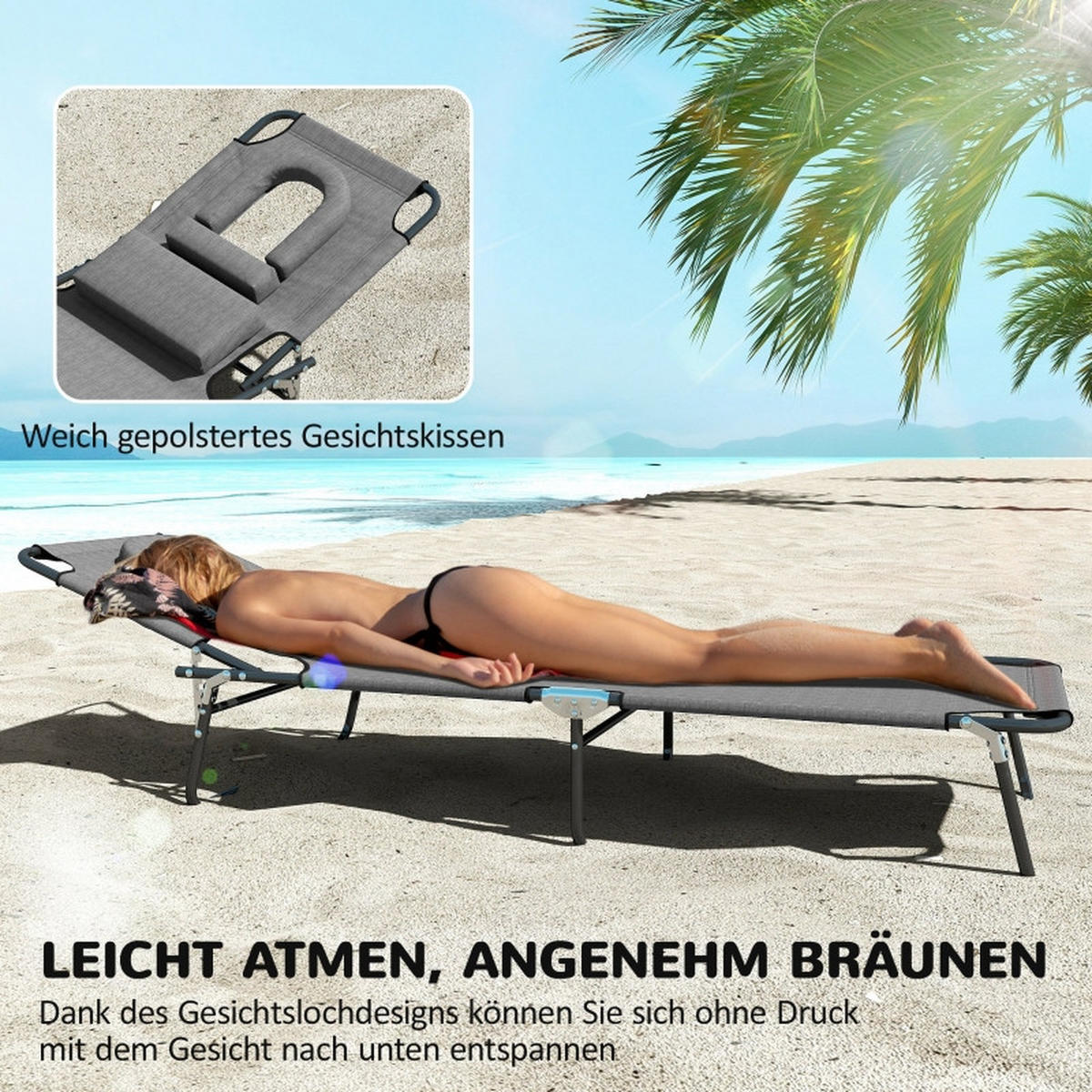 SONNENLIEGE mit Gesichtsloch & Kissen klappbar 187 x 58 x 36 cm Dunkelgrau - Grau, Metall (58/36/187cm) - ComfortXL