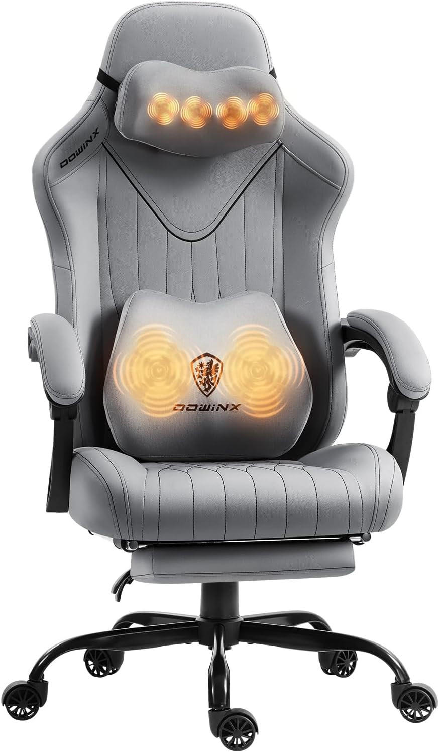 GAMING Stuhl mit Massagefunktion & Lendenwirbelstütze & Nackenstütze - Grau, Leder (56/123/70cm)