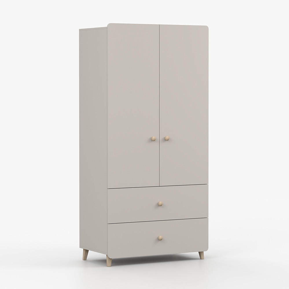 DREHTÜRENSCHRANK MARIO 2D 90 cm Kaschmir/Kaschmir, 2-türig, zwei Schubladen, Holzgriffe - Kaschmir/Eukalyptusholzfarben, Holz/Holzwerkstoff (90/204/50cm) - imoebel24