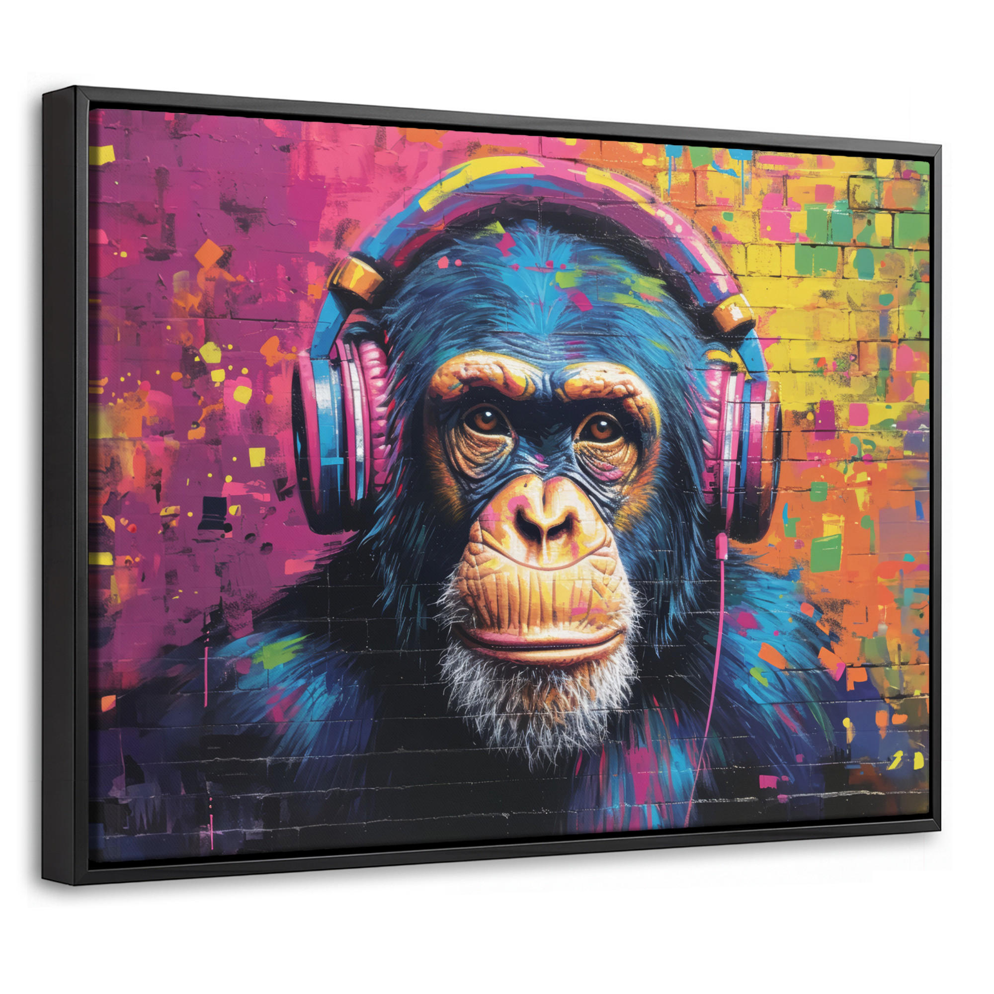 LEINWAND Bilder mit Rahmen - Graffiti - Schimpanse - Straßenkunst - Kopfhörer - Affe - 40x30 - Blau, Textil (40/30cm) - MuchoWow