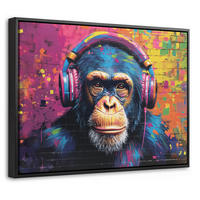 LEINWAND Bilder mit Rahmen - Graffiti - Schimpanse - Straßenkunst - Kopfhörer - Affe - 40x30 - Blau, Textil (40/30cm) - MuchoWow