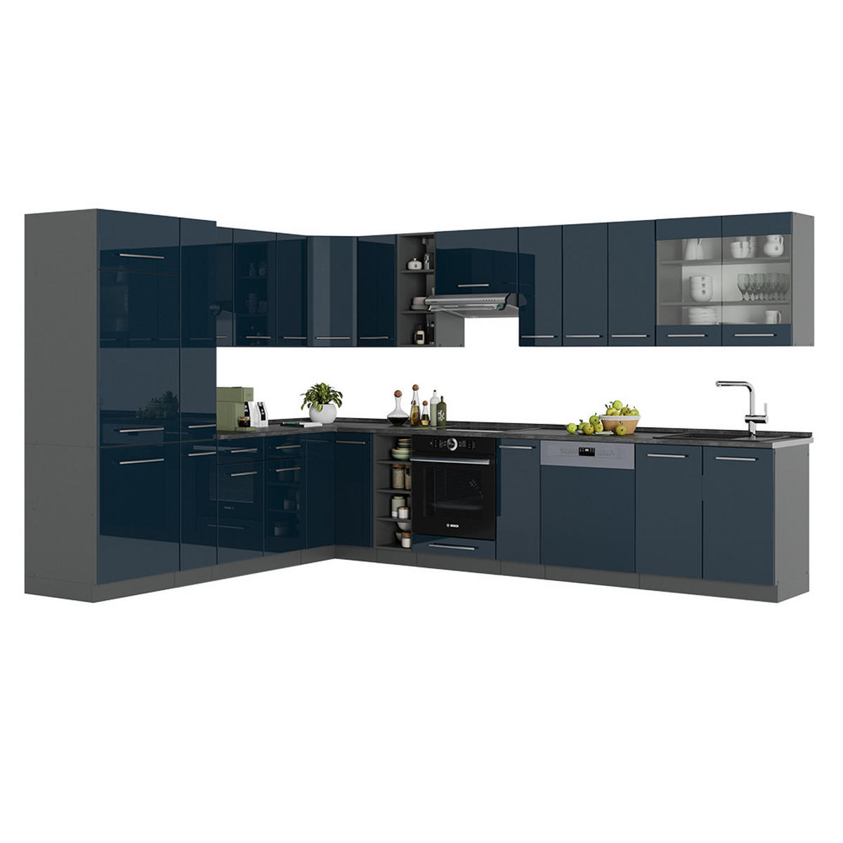 ECKKÜCHE Fame-Line Dunkelblau Hochglanz/Anthrazit 257 x 60 cm ohne AP - Anthrazit/Dunkelblau, Holzwerkstoff (347/81.6/46cm) - Vicco