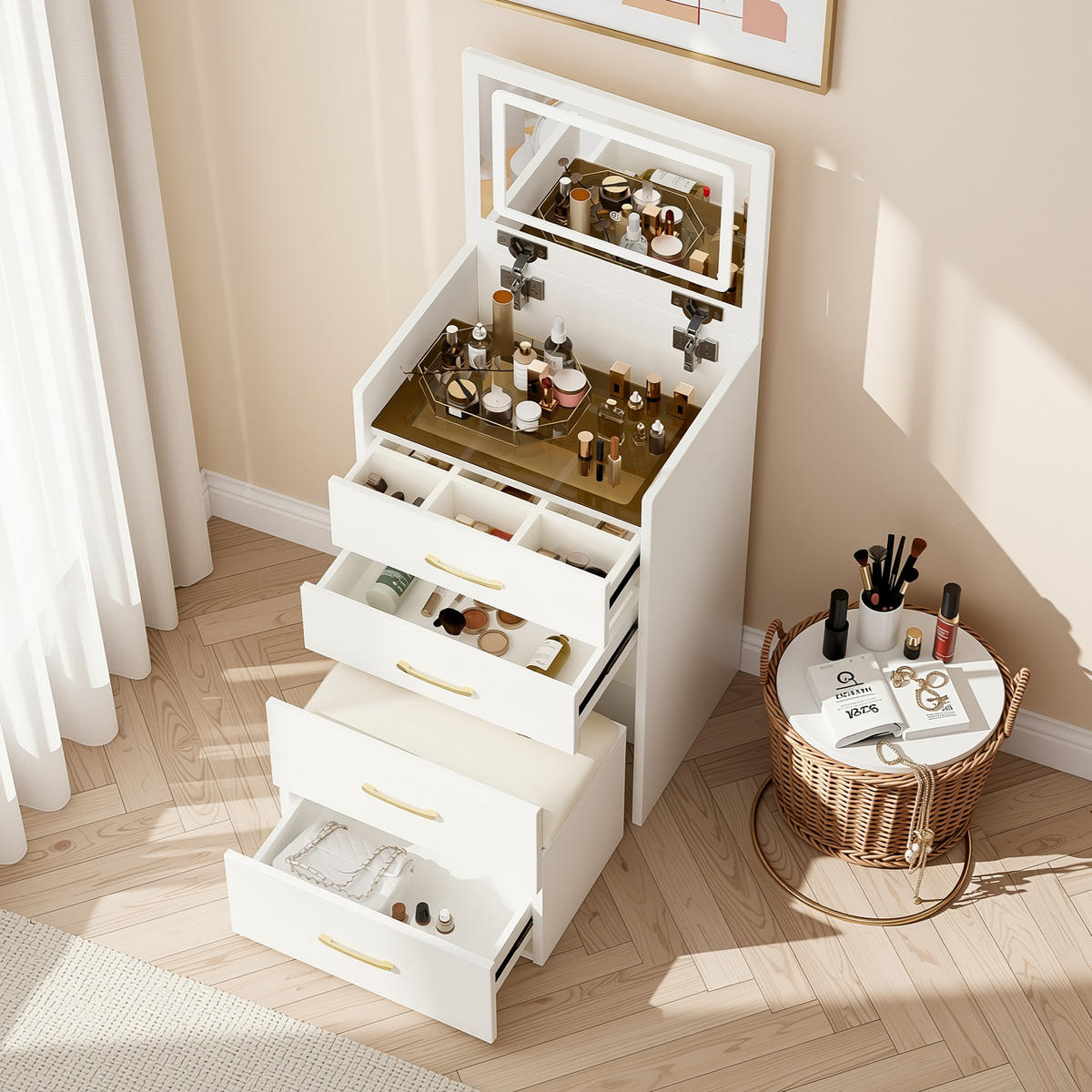 SCHMINKTISCH 3-in-1 Nachttisch (60 cm) in Weiß mit Klappspiegel, Glasplatte & Hocker - Weiß, Holzwerkstoff/Metall (60/118/40cm) - Urban Meuble