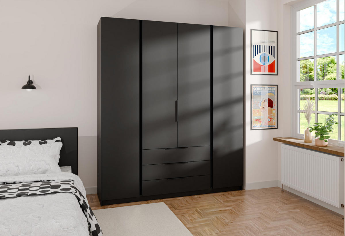 KLEIDERSCHRANK Nehir Schwarz 200 cm - 4T3S Modern mit Schubladen - Schwarz, Holzwerkstoff/Kunststoff (200/239/61.9cm) - AX Living