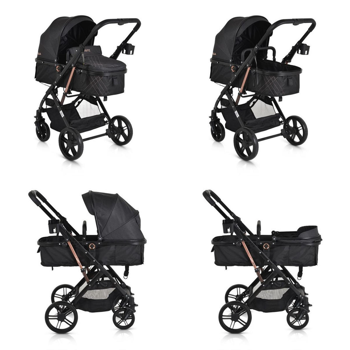 KINDERWAGEN Rafaello 2 in 1 schwarz mbaubar, Sportsitz, Fußabdeckung, Tasche - Schwarz, Metall (96/59/109cm) - Moni