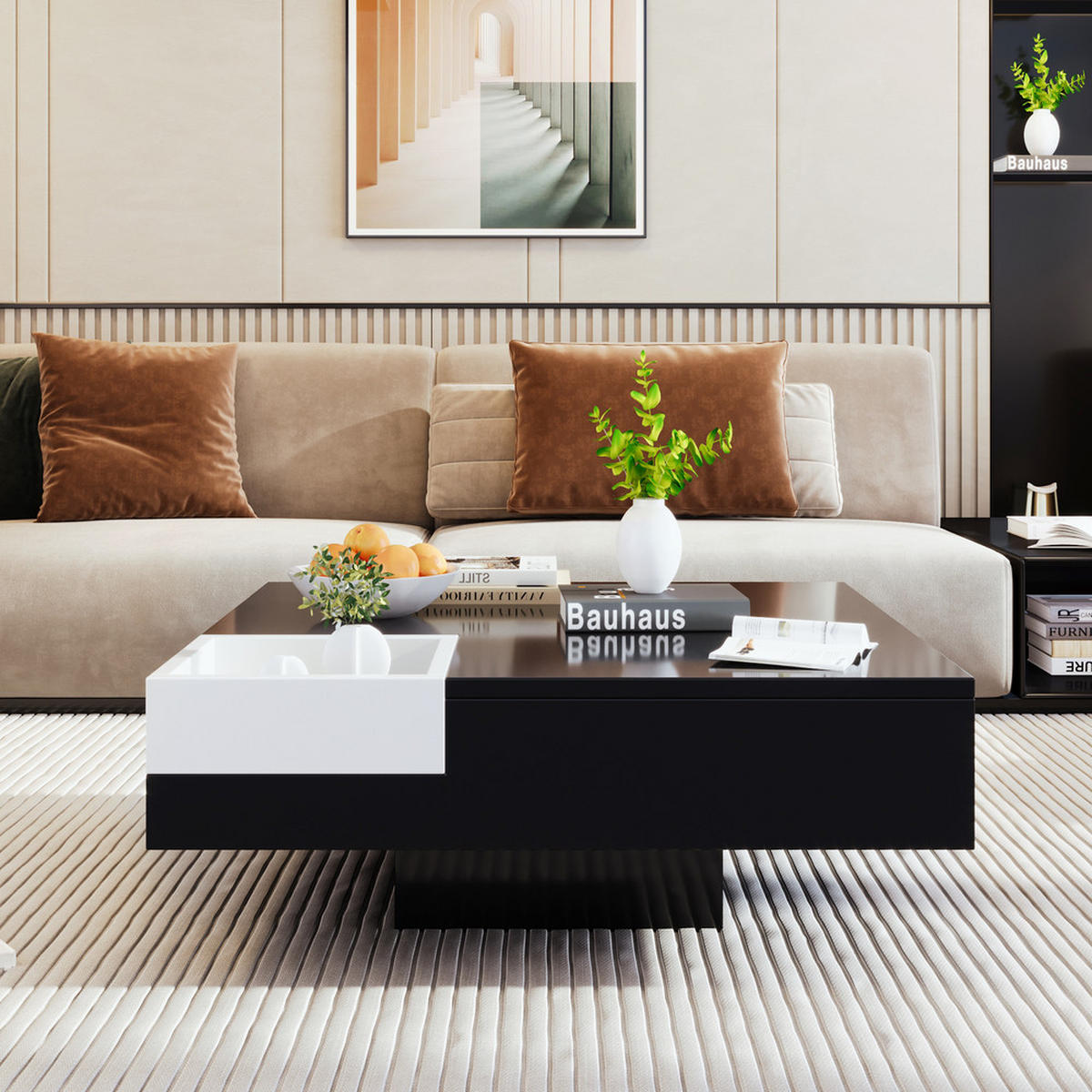 COUCHTISCH Hochglanz 72x72cm LED-Beleuchtung abnehmbare Box Schwarz-Weiß - Schwarz, Holz (85.5/81/11.5cm) - FLIEKS