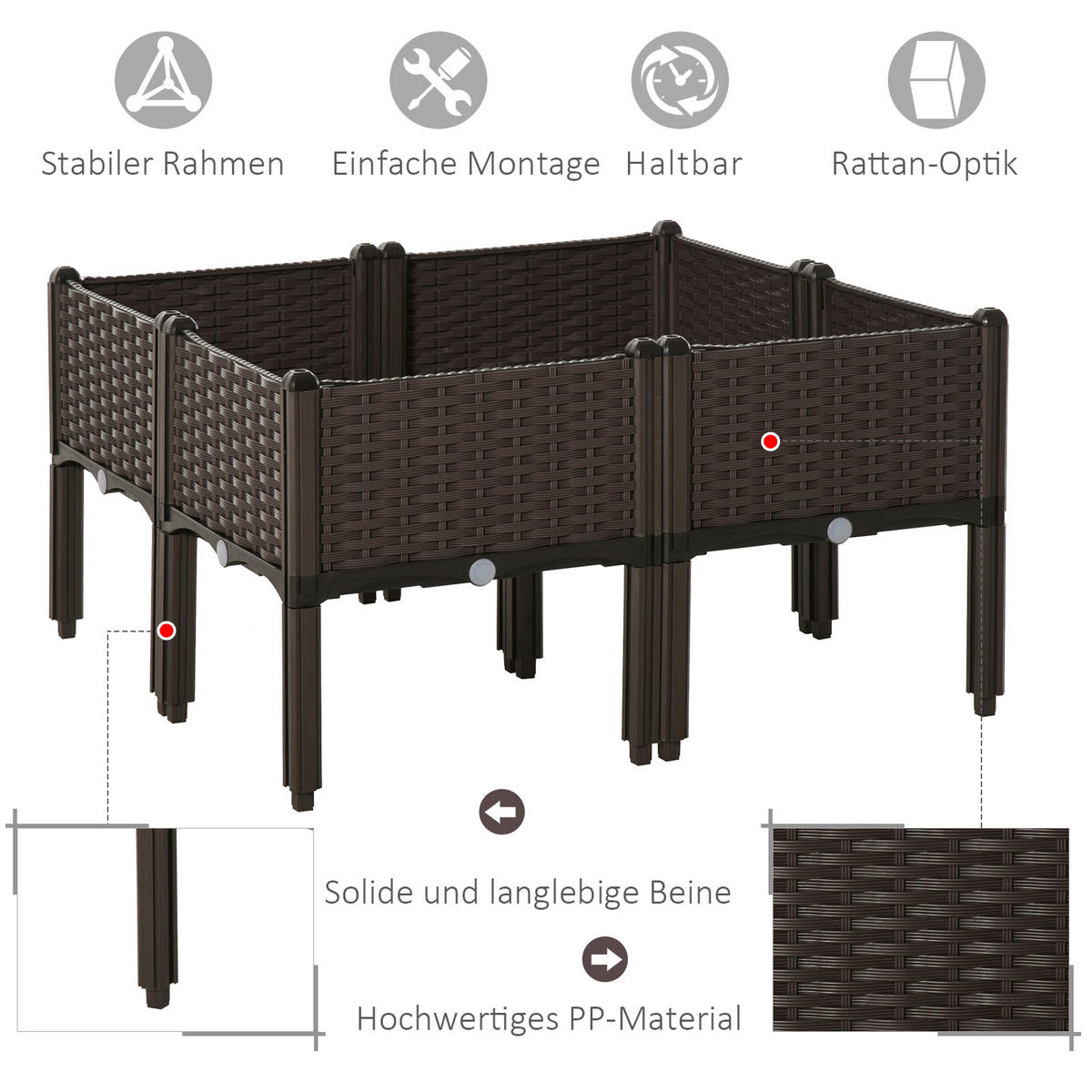HOCHBEET, 4-tlg. Pflanzkasten mit Abflusslöchern, Rattan-Look, Blumenkasten, DIY, Braun, 40 x 40 x 45 cm - Dunkelbraun, Kunststoff (40/44/40cm) - Outsunny