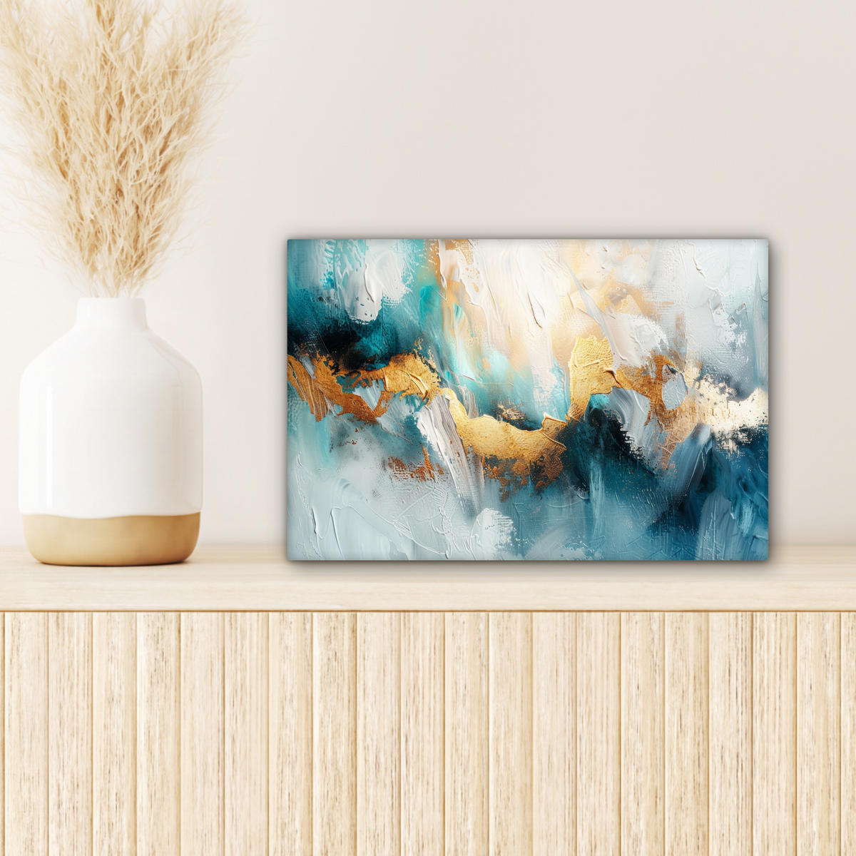LEINWANDBILD Abstrakt - Kunst - Gold - Blau 30x20 cm - Petrol, Textil (30/20cm) - MuchoWow