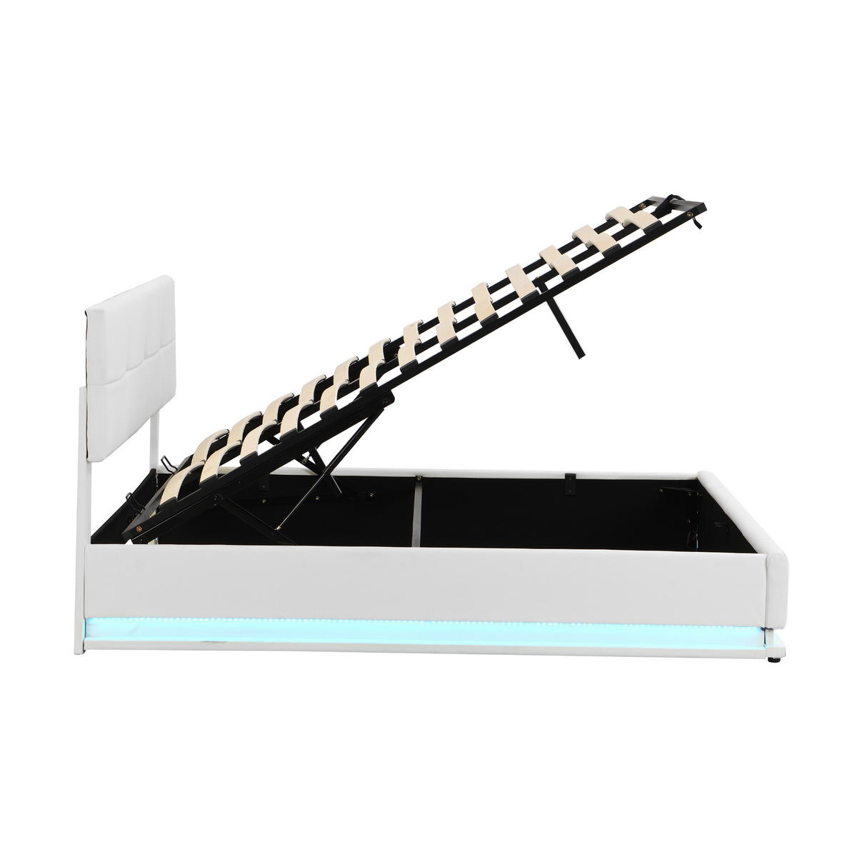 POLSTERBETT 180/200 cm weiß LED-Beleuchtung mit hydraulisch anhebarem Bettkasten - Weiß, Textil (180/200cm) - OKWISH