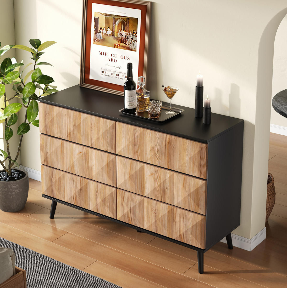 KOMMODE, 6 Schubladen, mit schwarzen Metallbeinen und erhabenen Fronten, 120x40x85 cm, Schwarz und Natur - Naturfarben, Holzwerkstoff (40/85/120cm) - Modfu