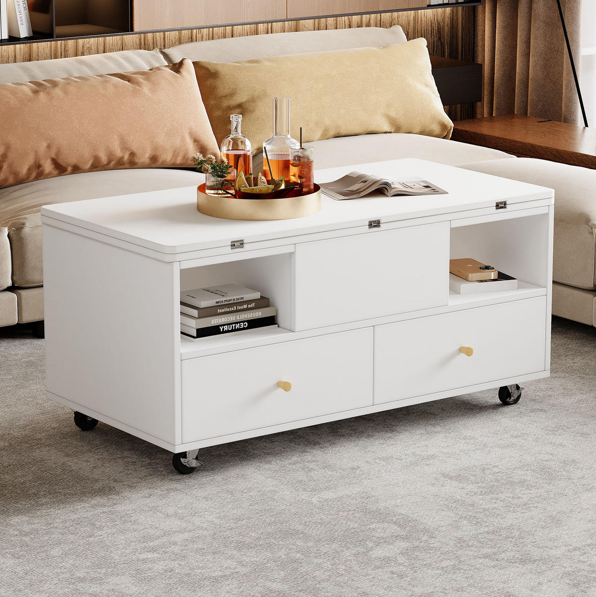 COUCHTISCH höhenverstellbar 100 x 50 cm MDF Weiß mit 4 Schubladen - Weiß, Holz (100/50/47.5cm) - Meubliv