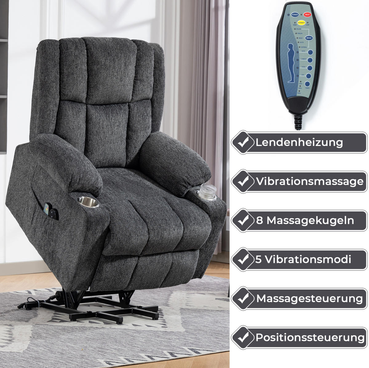 RELAXSESSEL in Dunkelgrau mit Aufstehhilfe, Massage- und Wärmefunktion,84/91/106 cm - Dunkelgrau, Textil (84/106/91cm) - Flora Grace
