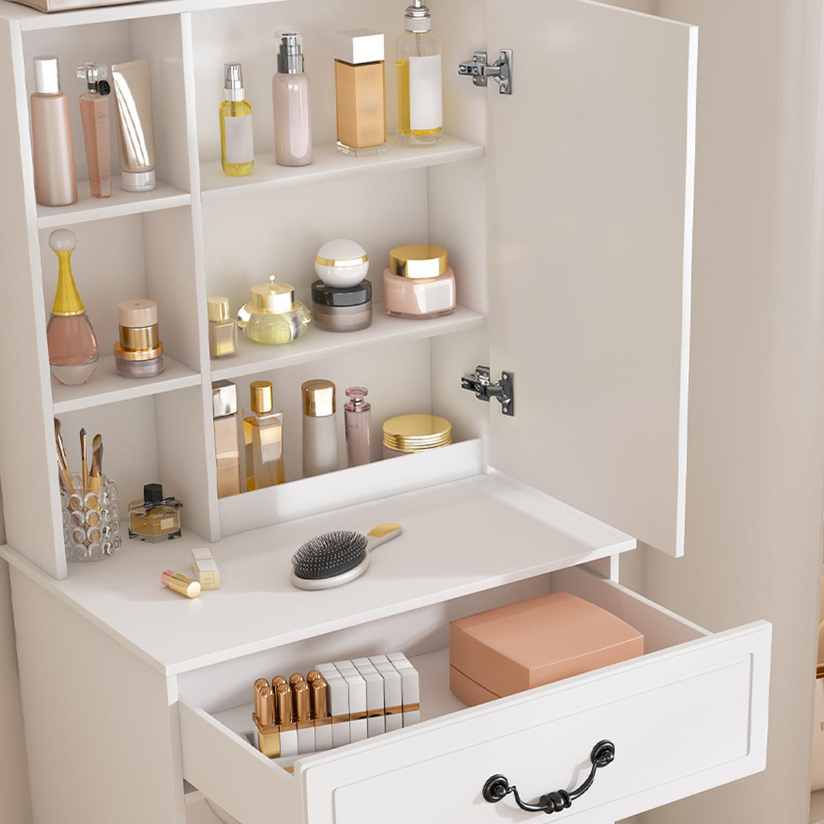 SCHMINKTISCH in Weiß Frisiertisch mit Hocker, Spiegel, LED und Stauraum, für kleine Schlafzimmer, B60/H131.5/T36cm - Weiß, Holzwerkstoff (60/131.5/36cm) - STILVORA