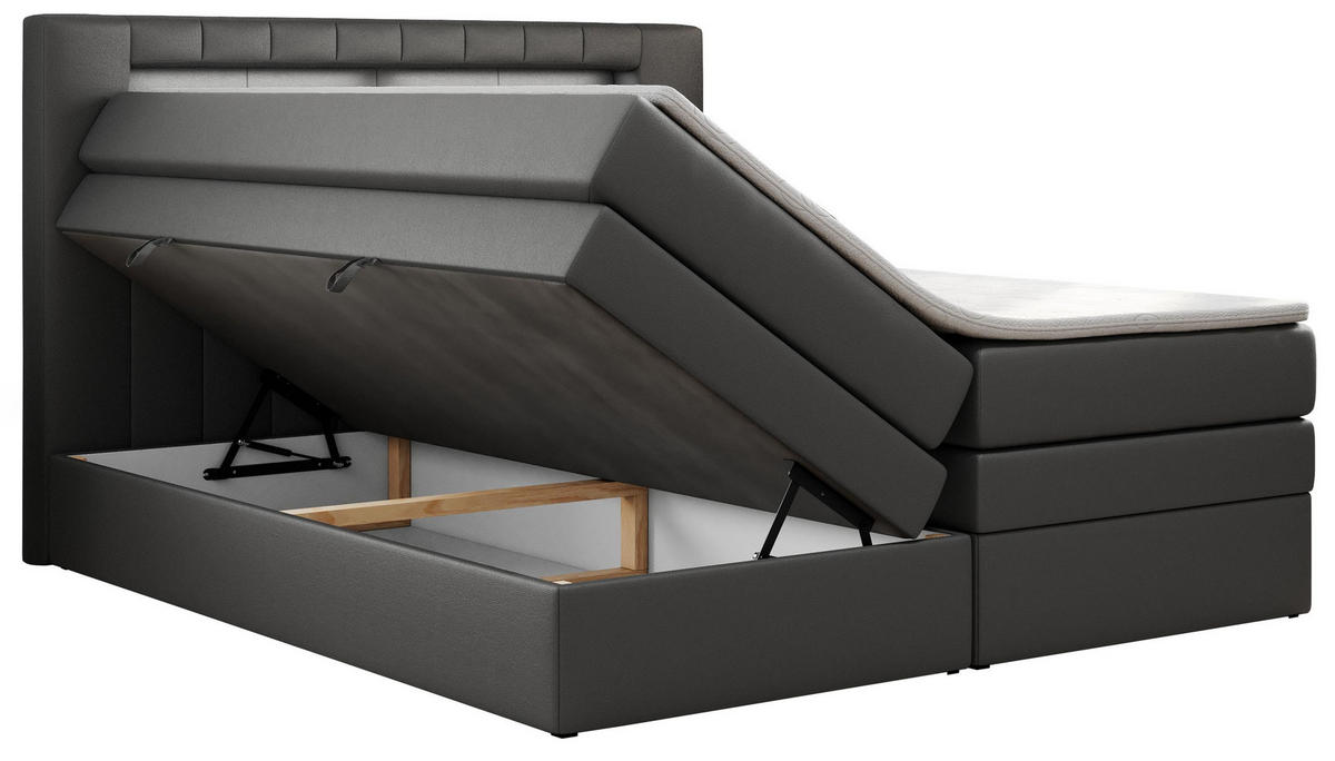 BOXSPRINGBETT GOLD-5 KING LED 160/200 Dunkelgrau Kunstleder - H3 - Dunkelgrau, Holz/Textil (160/200cm) - MKS