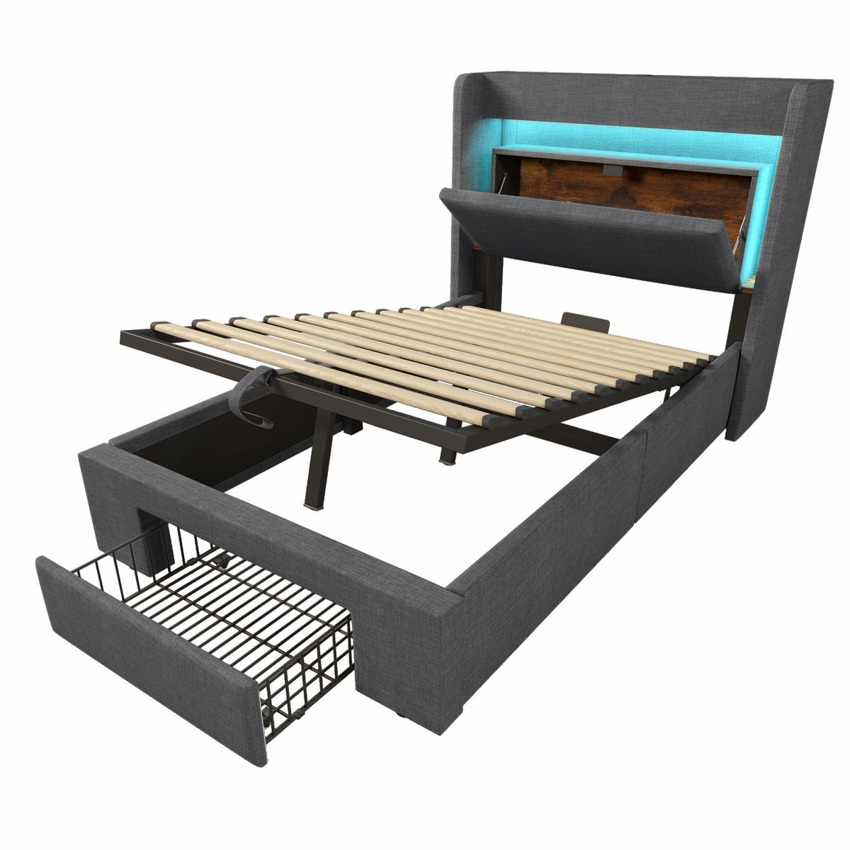 POLSTERBETT 90/200 cm mit LED-Beleuchtung, USB- und USB-C-Anschluss, Stauraum und Schublade und Matratze, Leinen, Grau - Grau, Textil (90/200cm) - Redom