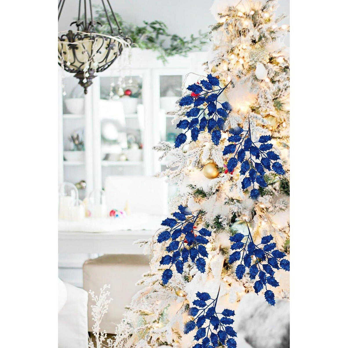 KUNSTZWEIG 6-teiliges Set Glitzernde Eichenblätter Blau 58 cm - Blau, Kunststoff (16cm)