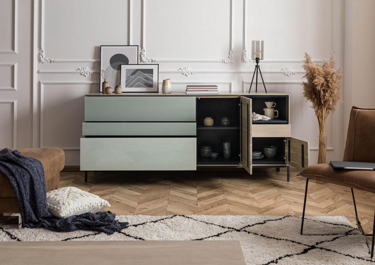 SIDEBOARD Akazie 200x45x85 grau-weiß geölt CHICAGO #05 - Braun, Holz (200/85/45cm) - Massivmoebel24