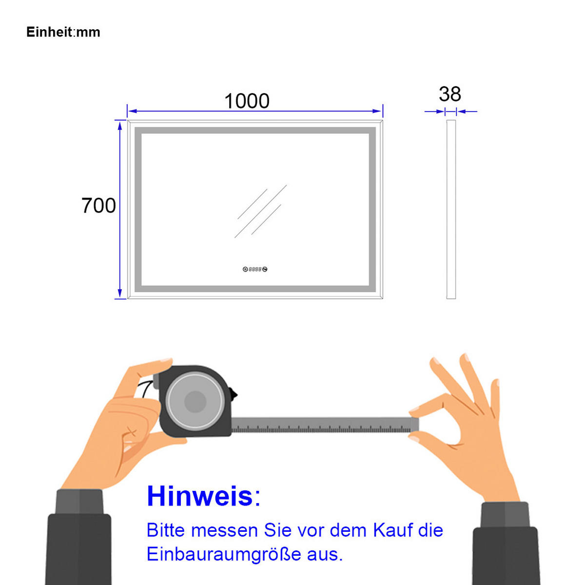 BADSPIEGEL mit Beleuchtung Schwarzer Rahmen 100/70 cm - Weiß, Glas (70/4/100cm) - EMKE
