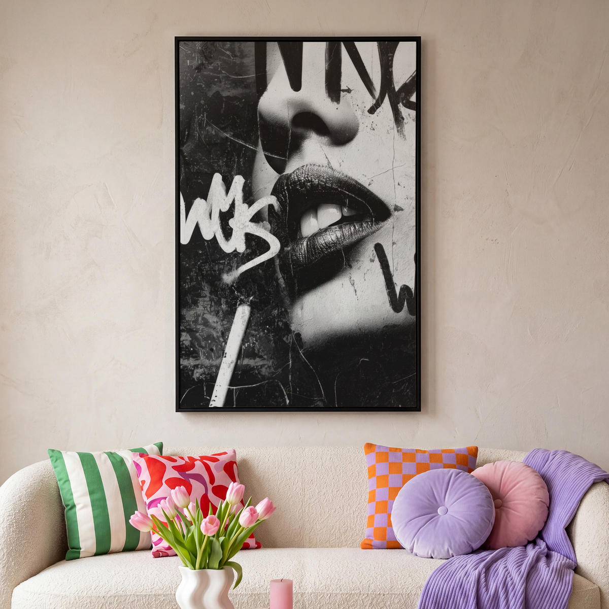 LEINWAND Bilder mit Rahmen - Gesicht - Mund - Graffiti - Schwarz - 80x120 - Schwarz, Textil (80/120cm) - MuchoWow