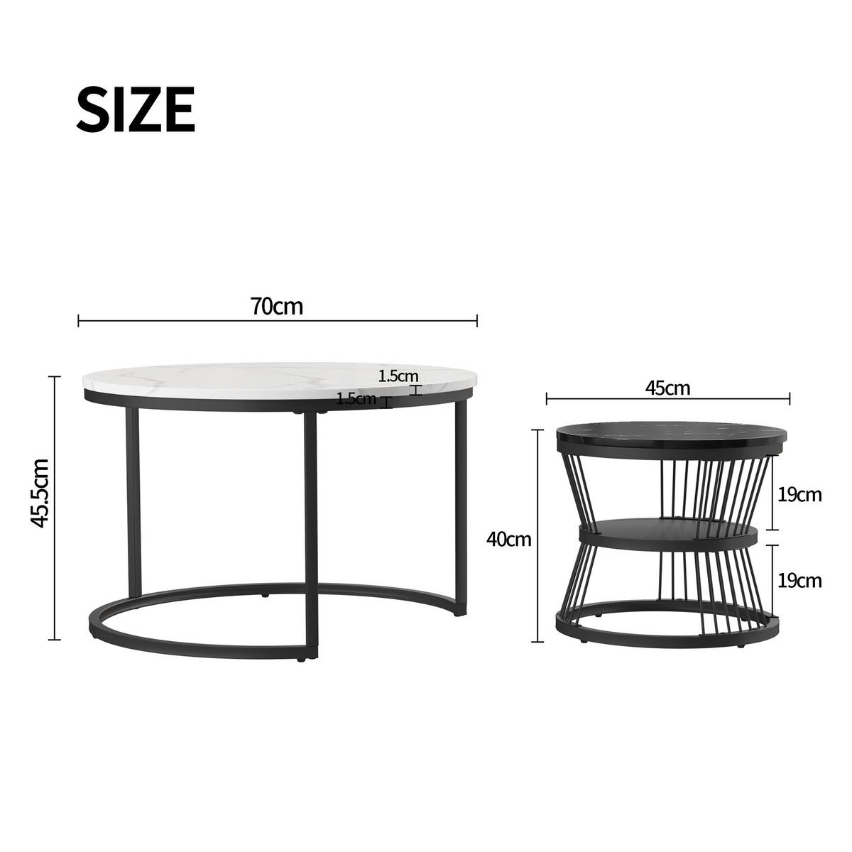 COUCHTISCH 2er Set Beistelltisch Rund, Schwarz/Weiß - Schwarz/Weiß, Metall (70/70/45.5cm)