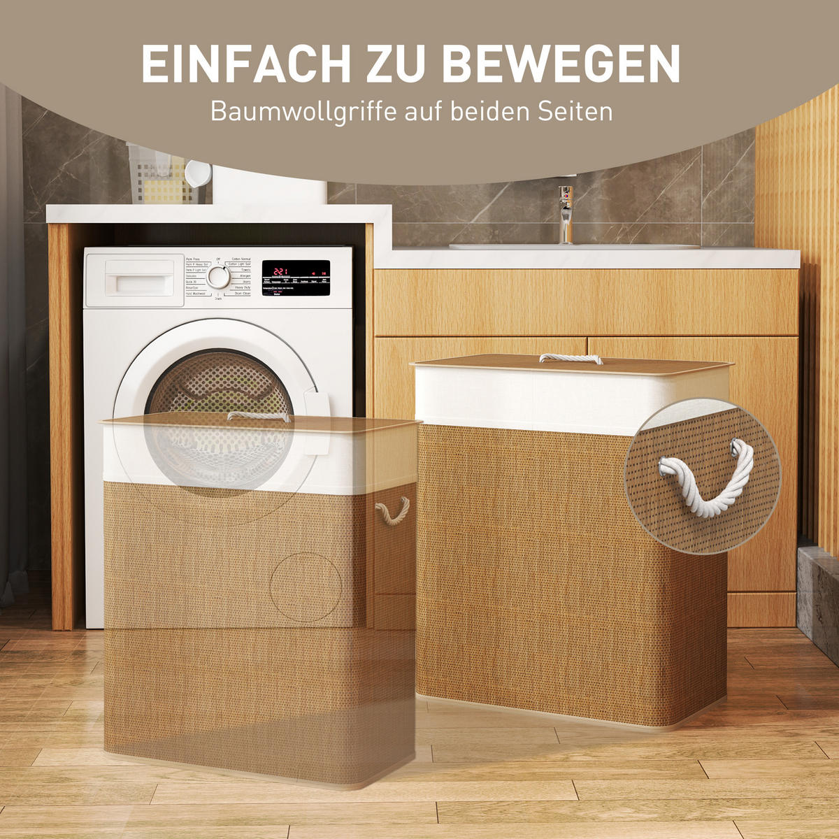 BAMBUS Wäschekorb mit Deckel 2 Fächer 100 L Braun - Braun, Naturmaterialien (52/63/32cm) - HOMCOM