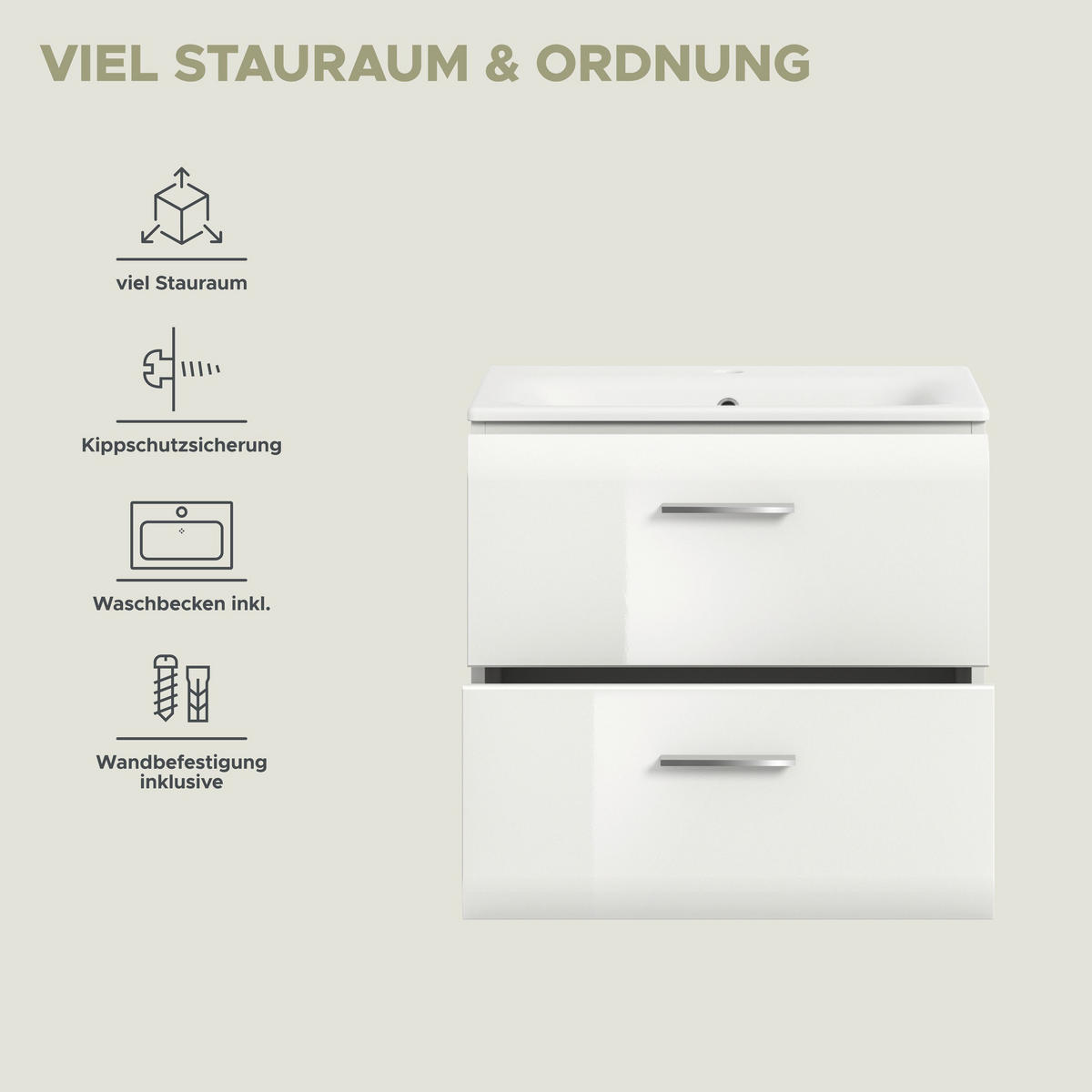 WASCHTISCH inkl. Waschbecken ICE (B/H/T: ca. 60/55/46 cm) in Weiß/weiß hochglanz - Weiß, Holzwerkstoff (60/55/46cm)