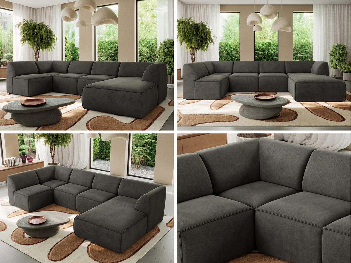 WOHNLANDSCHAFT MODARO U 5M - Dunkelgrau Velvet - Rechts - Dunkelgrau/Schwarz, Textil (345/78/180cm) - MKS