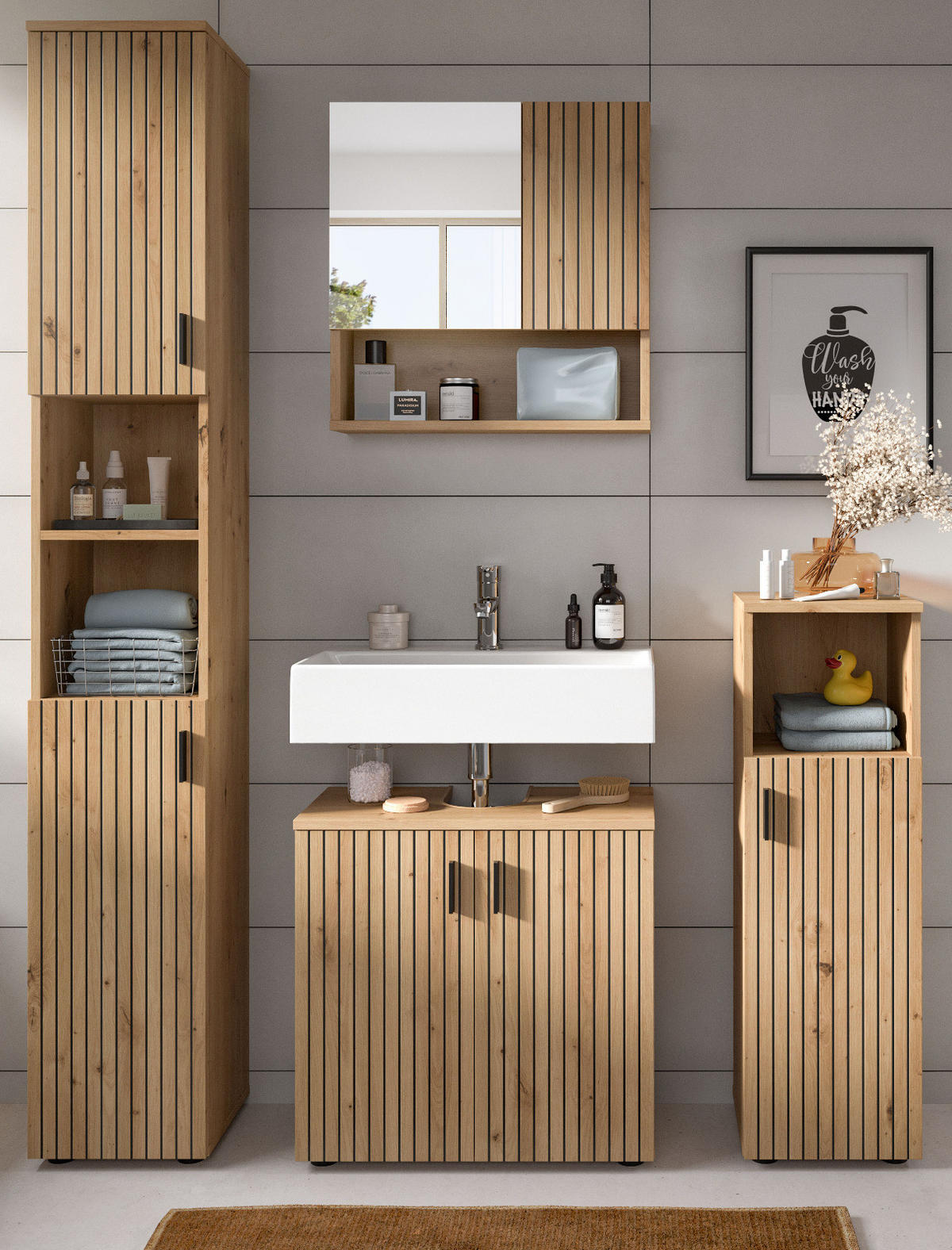 BADMÖBEL-SET Eiche Artisan 4-teilig 150 cm, Badkombination mit viel Stauraum - Schwarz/Eiche Artisan, Glas/Holzwerkstoff (150/192/30cm) - Inn.Furn