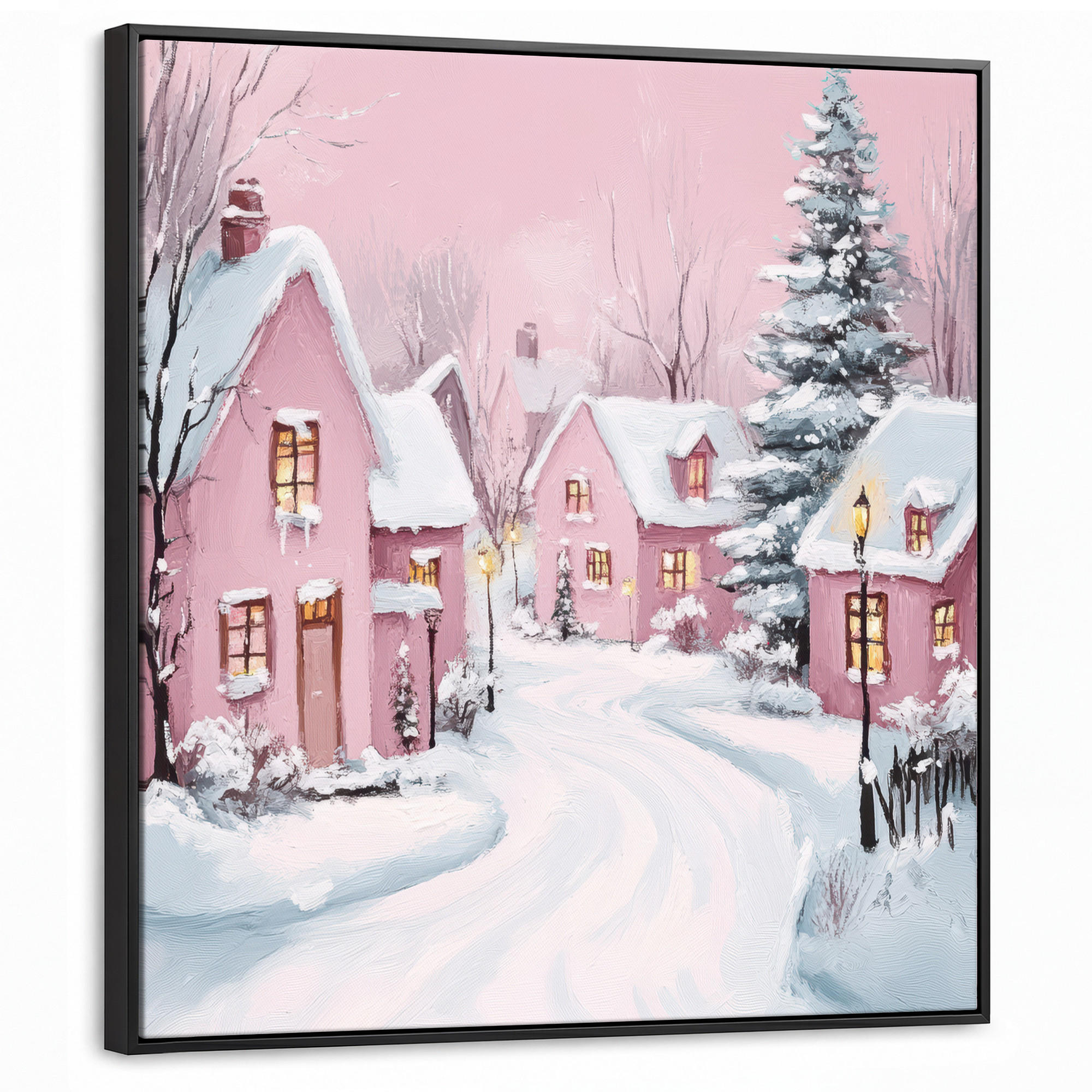 LEINWAND Bilder mit Rahmen - Weihnachtsdorf - Rosa - Winter - Schnee - Häuser - 90x90 - Altrosa, Textil (90/90cm) - MuchoWow