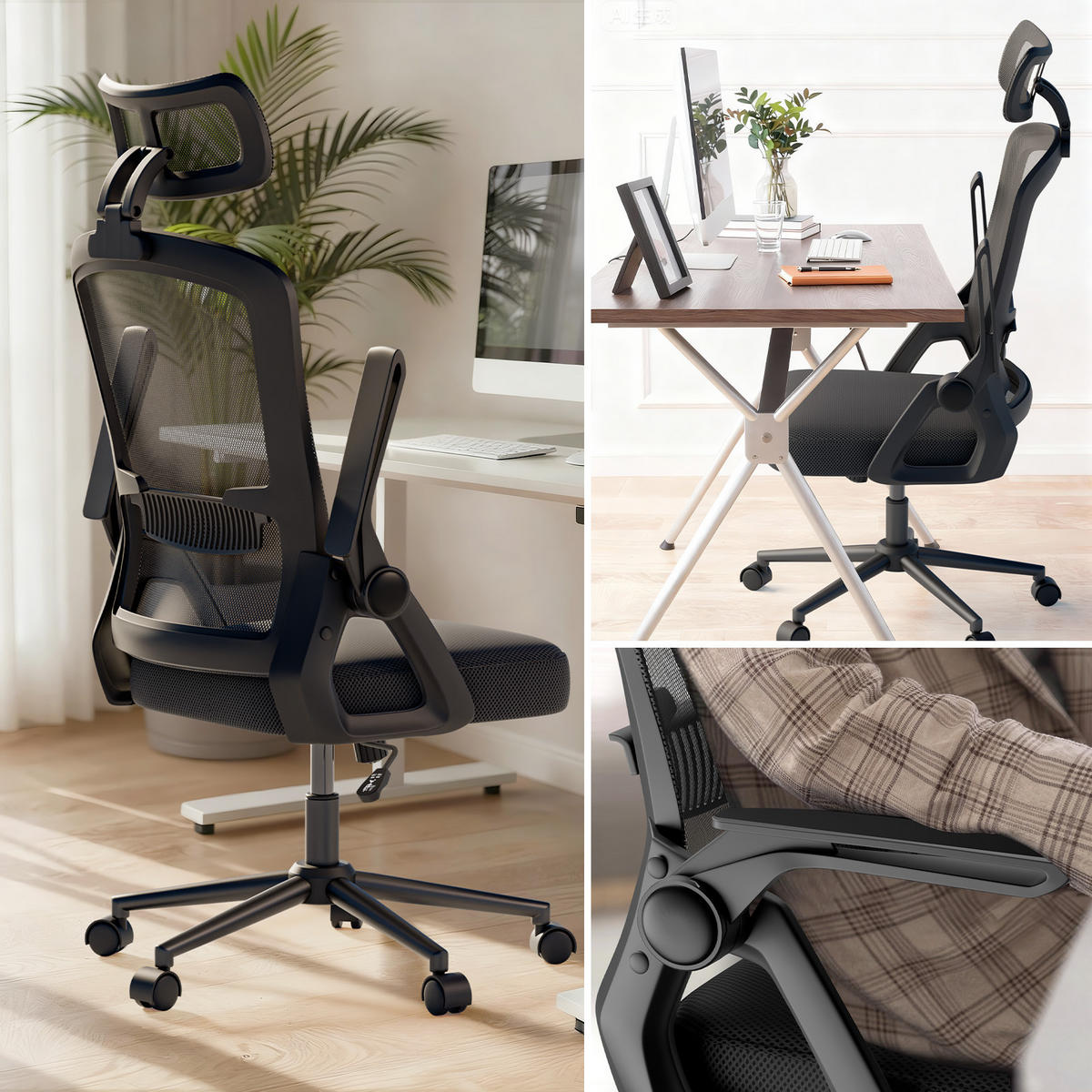 DREHSTUHL Mesh Schwarz ergonomisch klappbare Armlehnen - Schwarz, Metall (23.5/52/62.5cm) - Rattrix